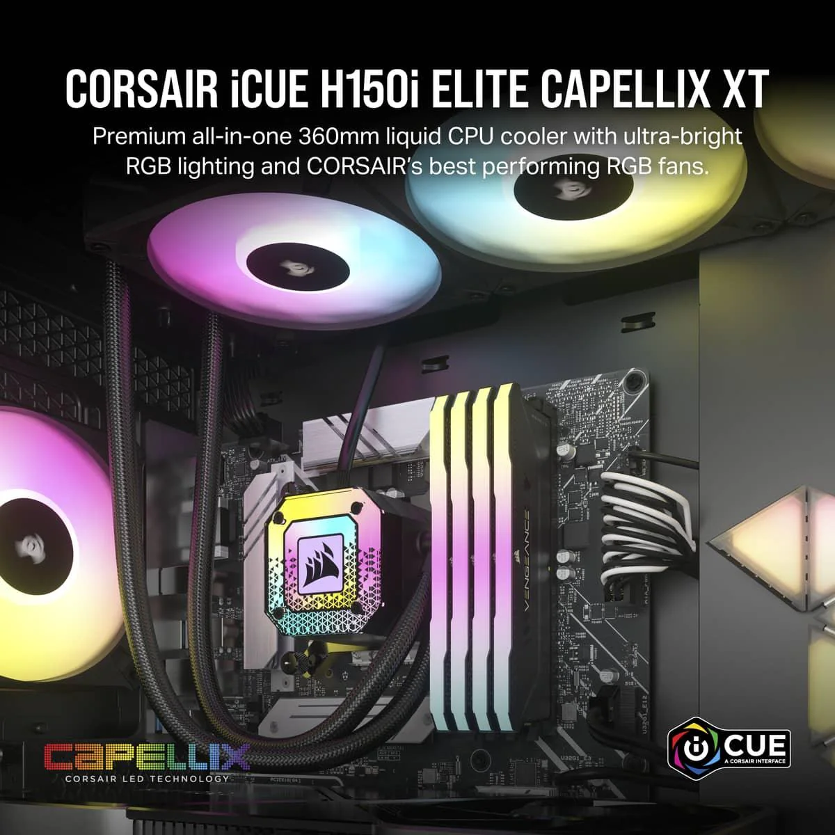 Corsair iCue H150i Elite Capellix XT Extreme Performance 360MM RGB Liquid CPU Cooler (Black) - Image 2