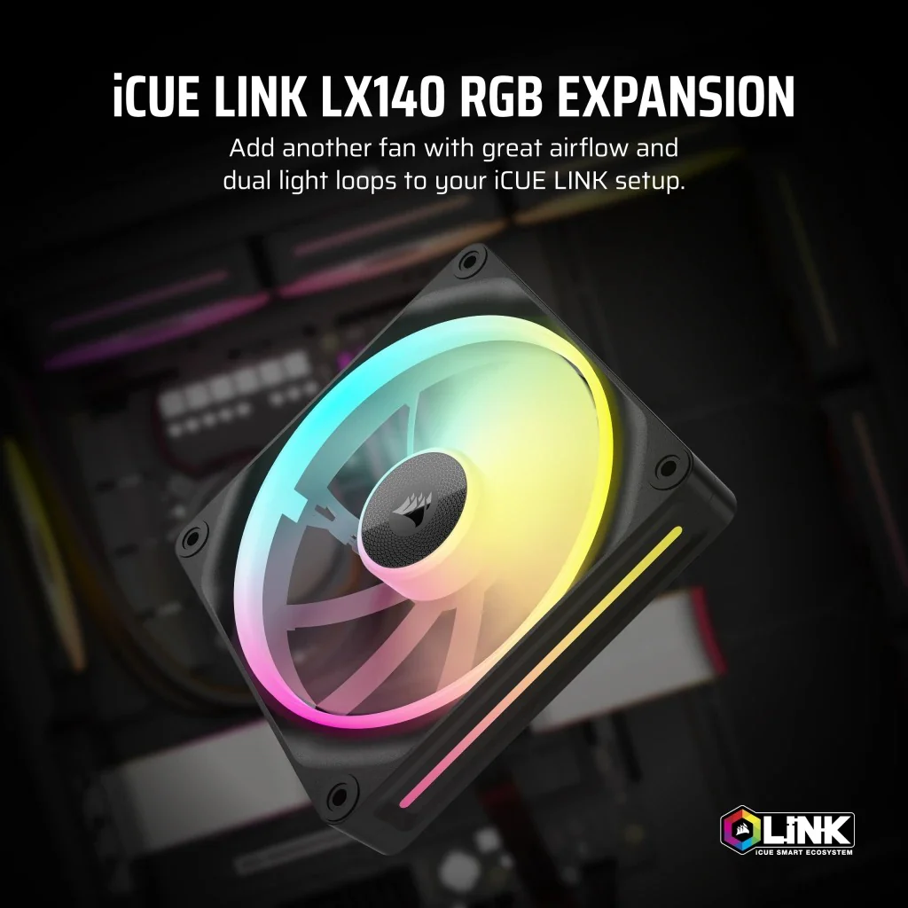 Corsair iCUE LINK LX140 RGB 140MM PWM PC Fan Expansion Kit (Single Pack) (Black, White) - Image 2