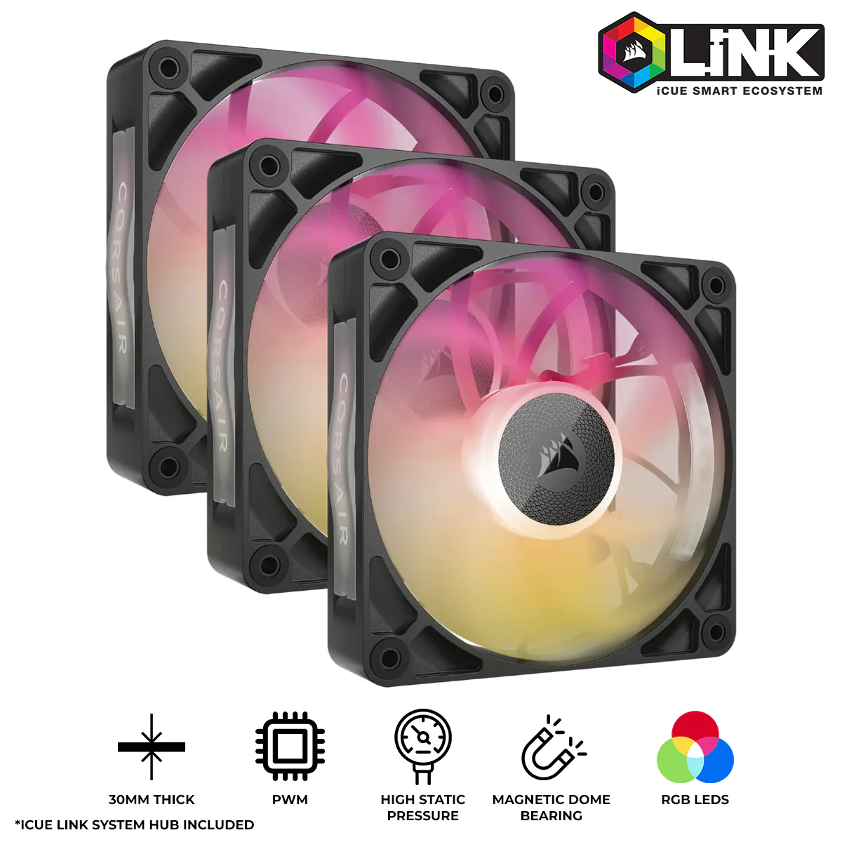 Corsair iCUE Link RX120 MAX RGB 120mm PWM Thick Fans Starter Kit - Triple Pack (Black) (CO-9051034-WW)