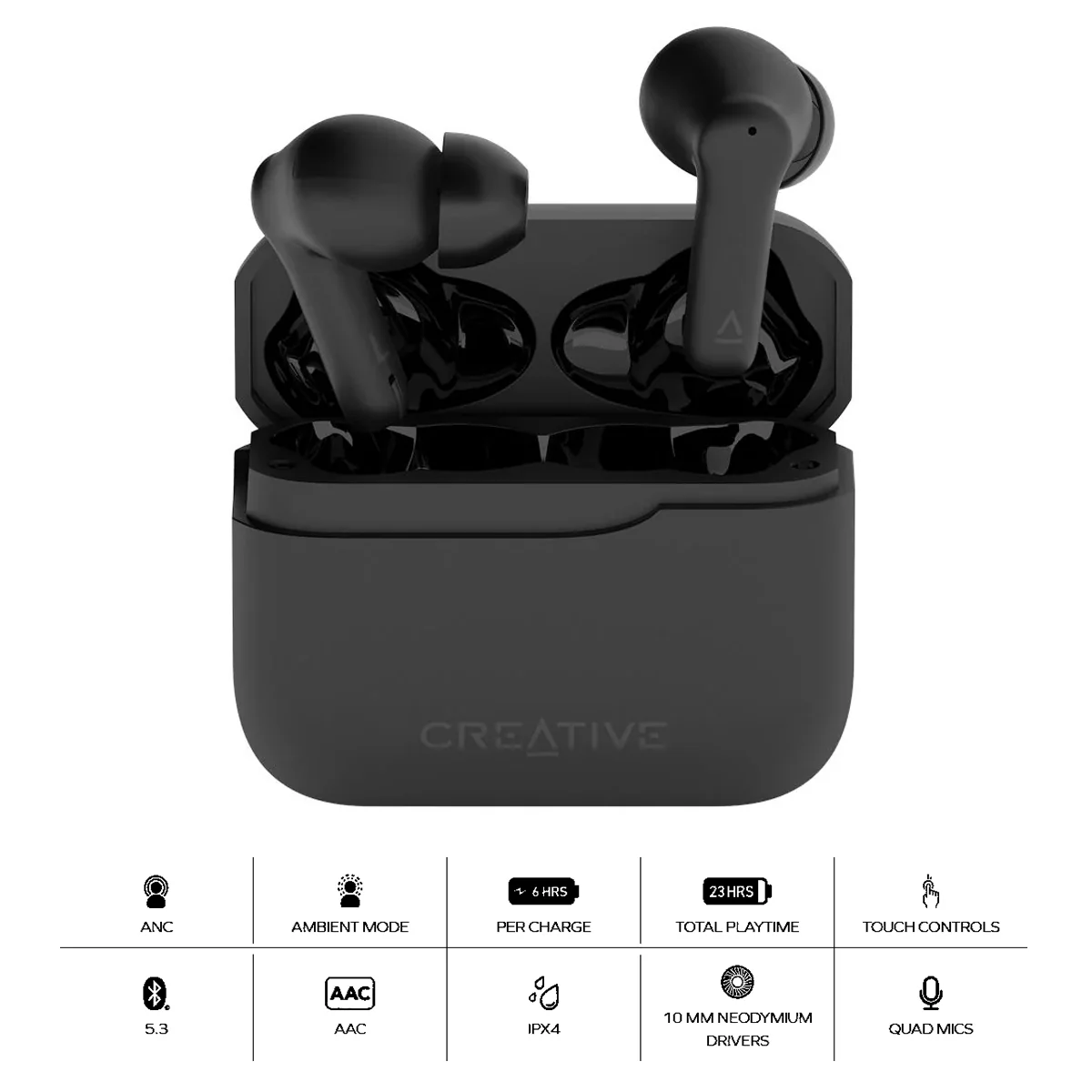 Creative Zen Air 2 Lightweight True Wireless In-Ears w/ Active Noise Cancellation Earbuds (Black)