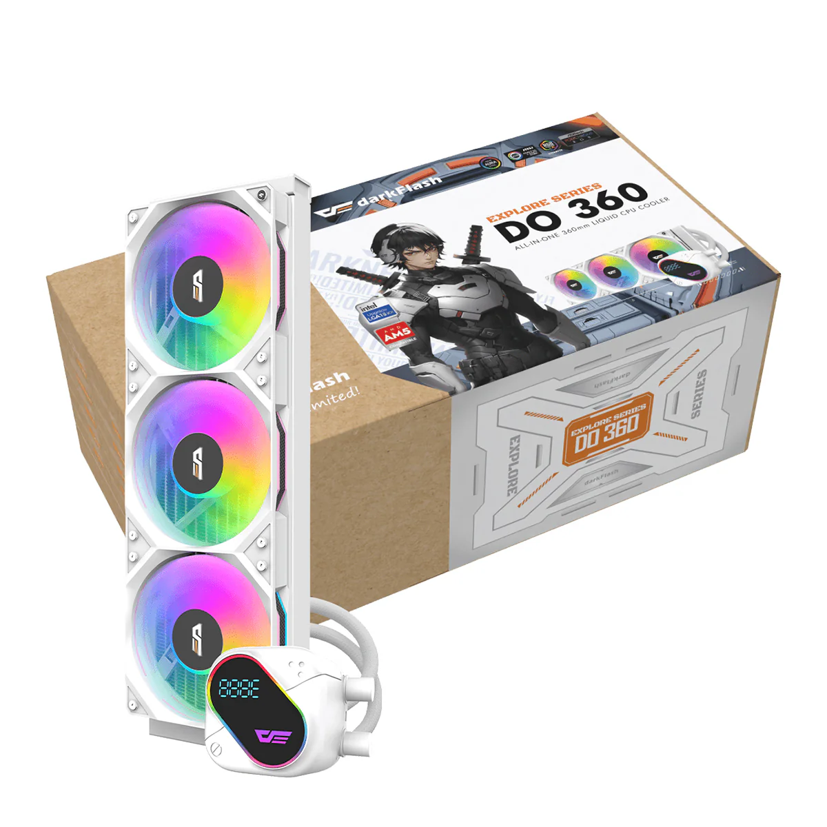 DarkFlash Explore DO 360 AIO 360mm Liquid CPU Cooler with Digital Screen Temperature (Black, White) - Image 9