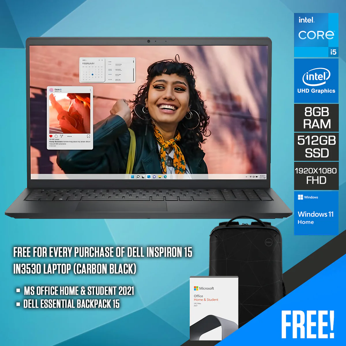 Dell Inspiron 15 IN3530 Laptop (Carbon Black) | 15.6" FHD (1920x1080) | i5-1335U | 8GB RAM | 512GB SSD | Intel UHD Graphics | Windows 11 Home | MS Office Home & Student 2021 | Dell Essential Backpack 15