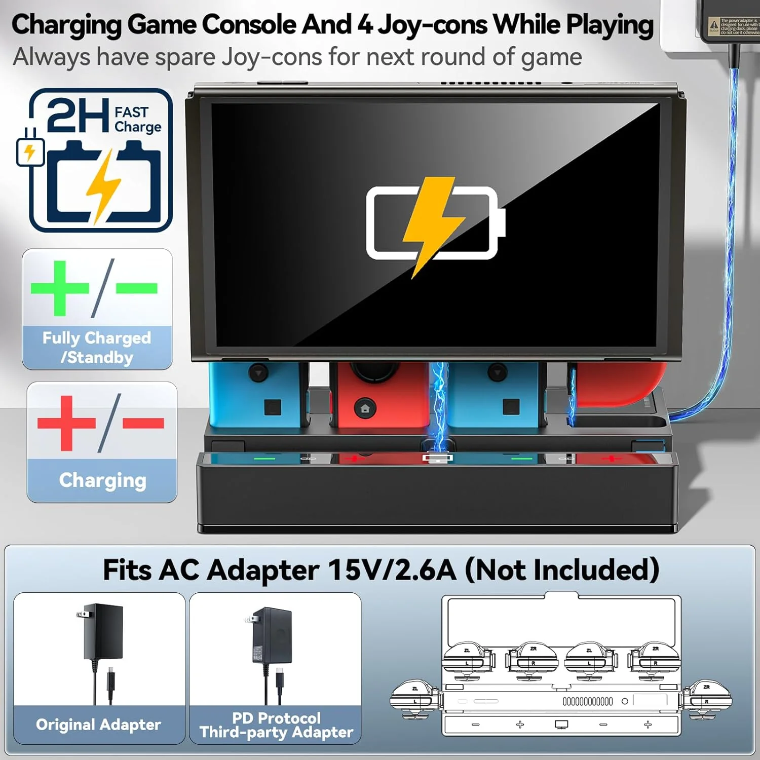 Dock Station w/ Controller Charger & 5 Game Slots for Switch/ Switch OLED (NG-SW315) - Image 6