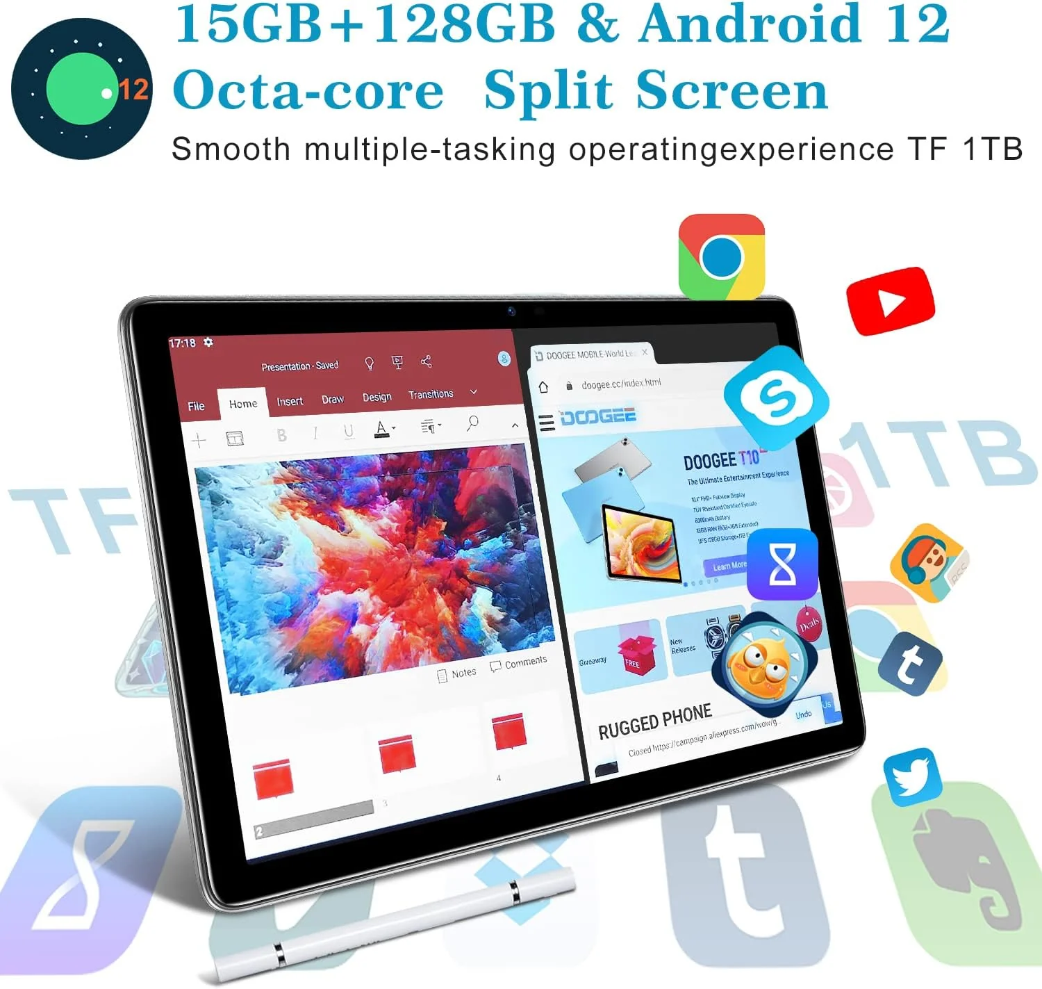 Doogee T10 Tablet 10.1" FHD+ IPS 15GB+128GB Android 12 (Moonlight Silver) - Image 7