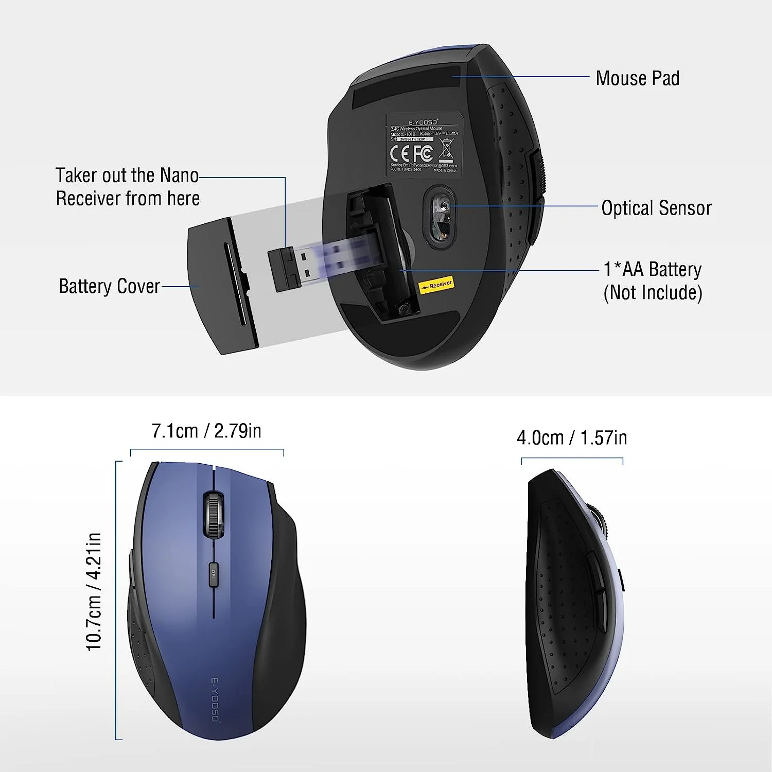 E-Yooso E-1010 Wireless Mouse (Blue) - Image 7