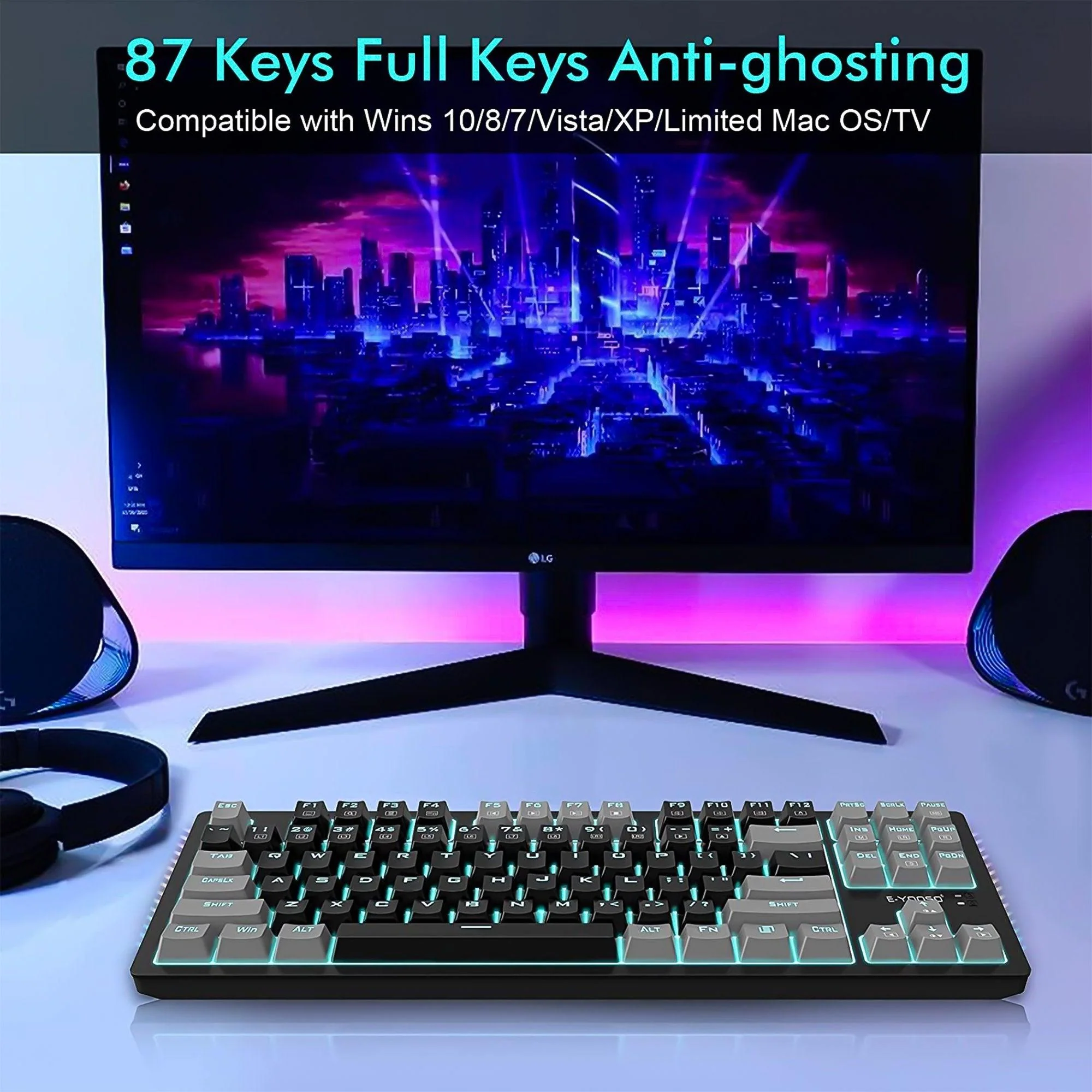 E-YOOSO K-620 Single Light With RGB Side Light 87 Keys Mechanical Keyboard Black/Gray (Blue Switch) - Image 4