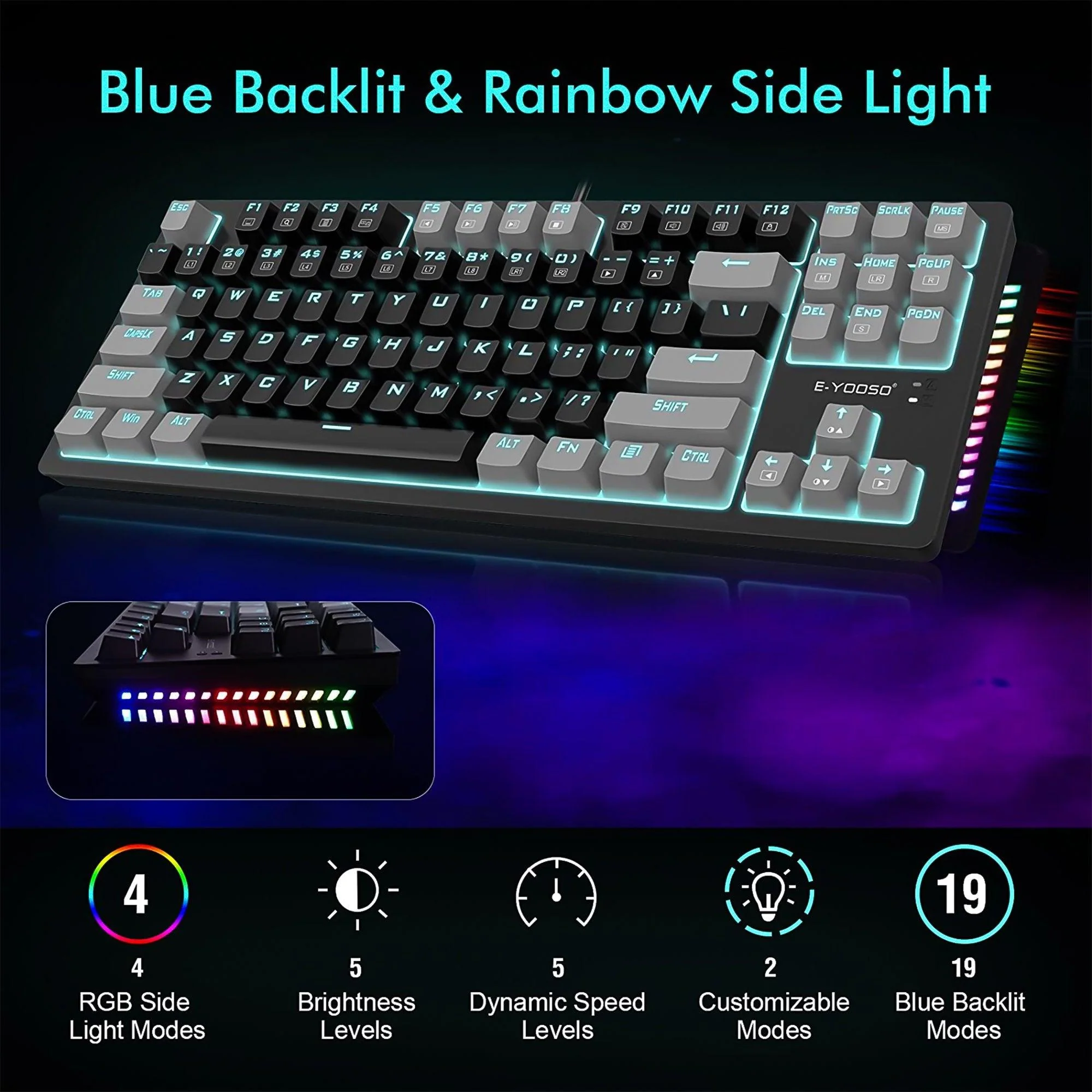 E-YOOSO K-620 Single Light With RGB Side Light 87 Keys Mechanical Keyboard Black/Gray (Blue Switch) - Image 6