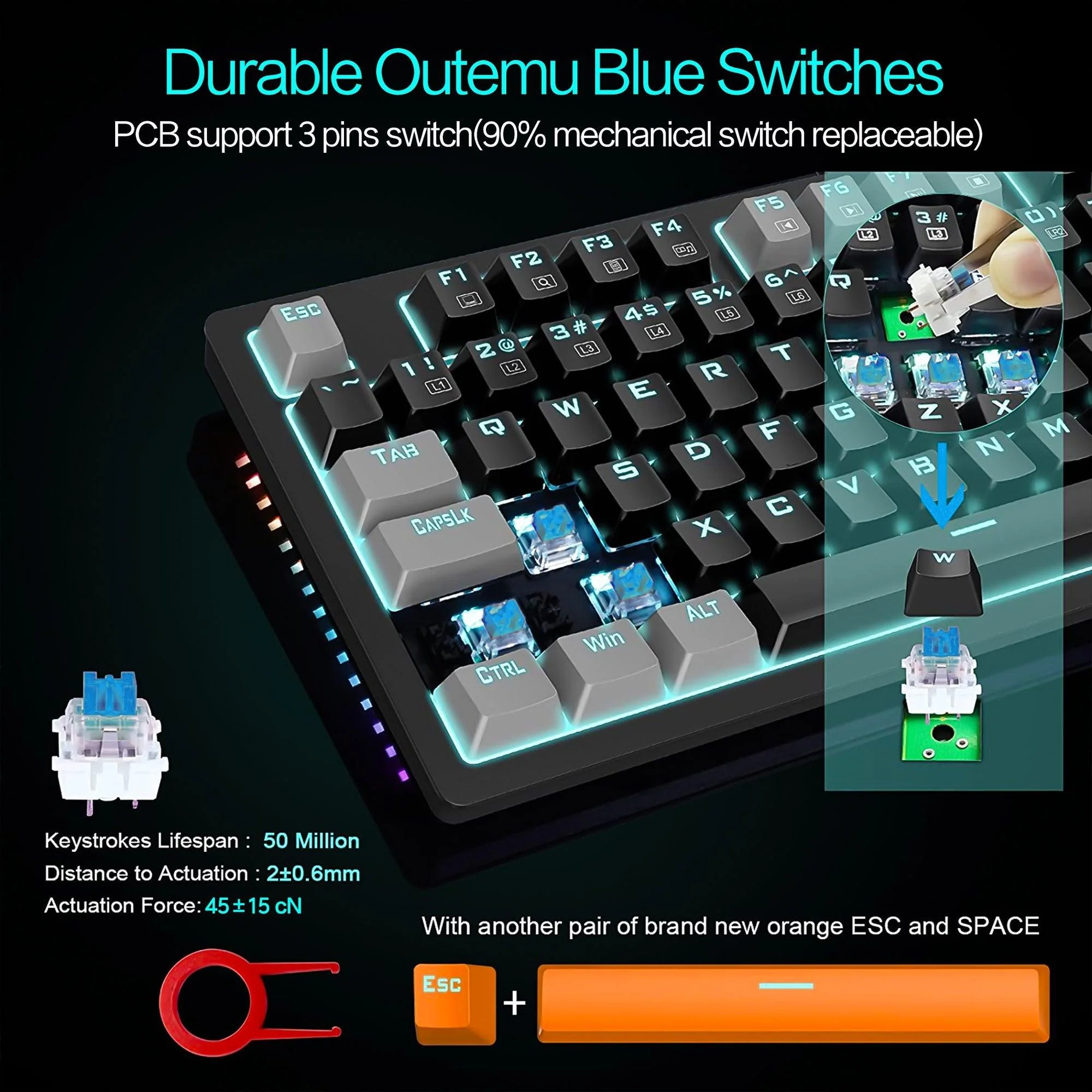 E-YOOSO K-620 Single Light With RGB Side Light 87 Keys Mechanical Keyboard Black/Gray (Blue Switch) - Image 7