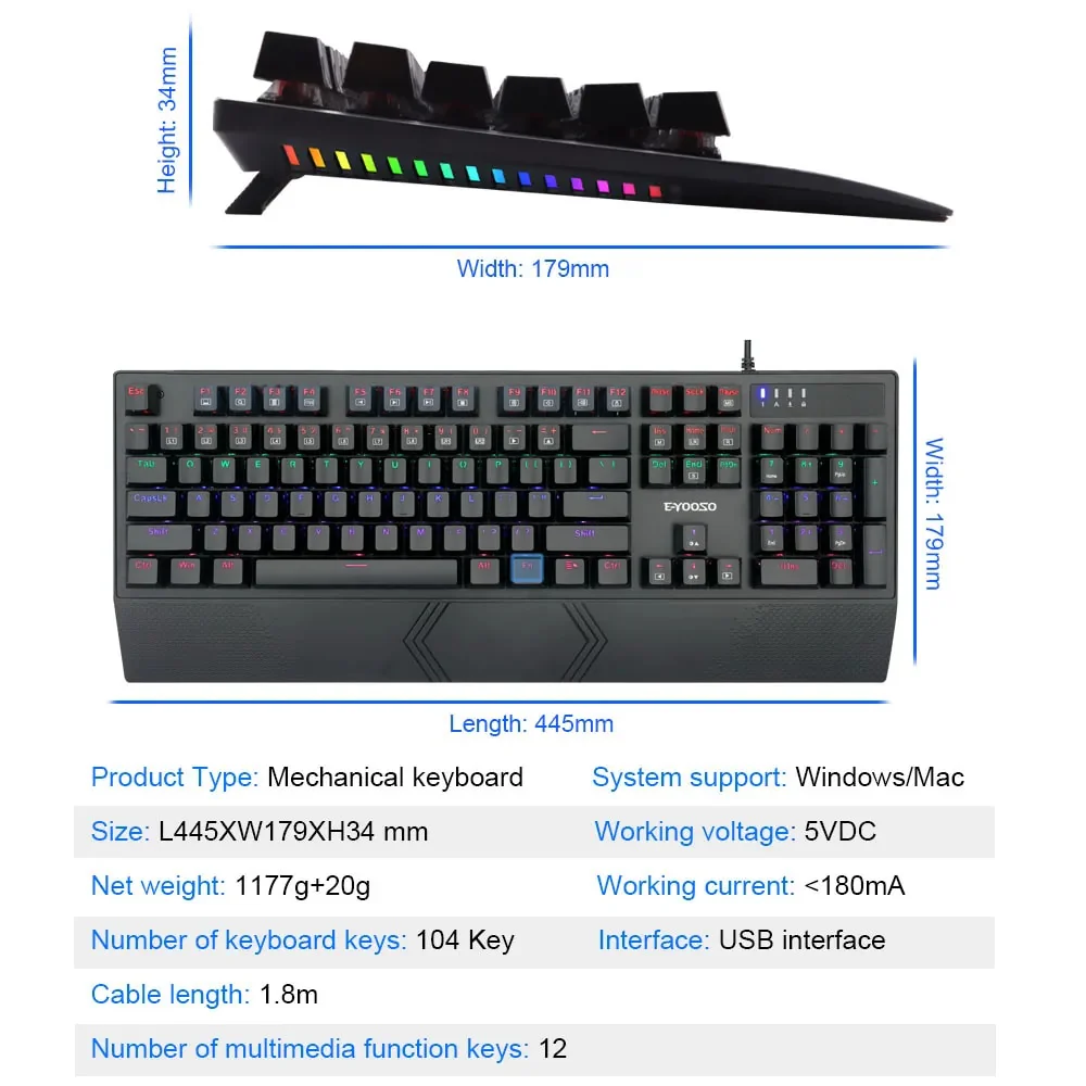 E-Yooso K-662 Rainbow Light 104-Keys Wired Mechanical Keyboard Black - Image 9