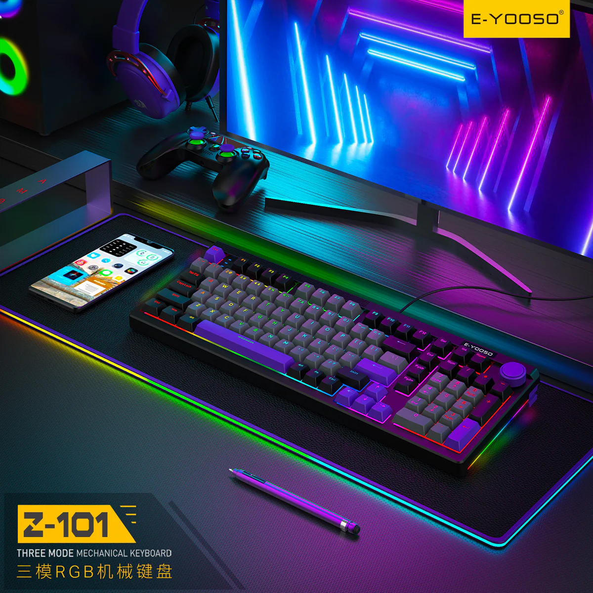 E-Yooso Z-101 RGB 101 Keys Tri-Mode Hot-Swappable Mechanical Keyboard Grey/Black/Purple (Silverwood Switch) - Image 9
