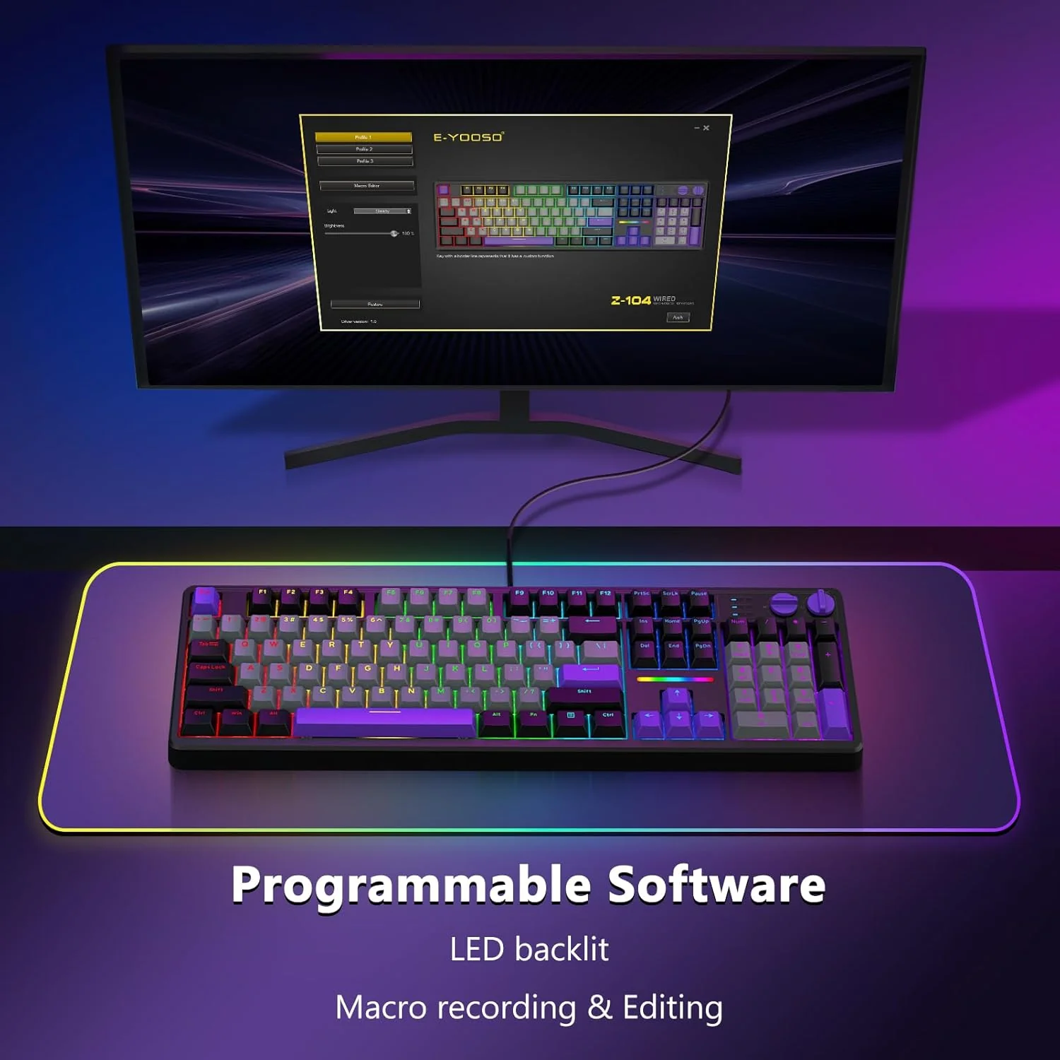 E-Yooso Z-104 Rainbow Light Wired Mechanical Keyboard Grey/Black/Purple (Silverwood Switch) - Image 3