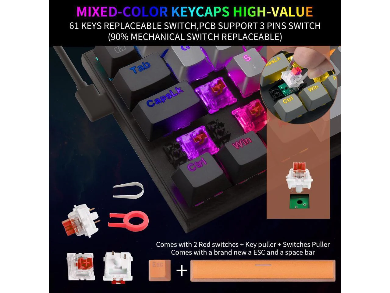 E-YOOSO Z-11 RGB 61 Keys Hot Swappable Mechanical Keyboard Gray/Black (Red Switch) - Image 8