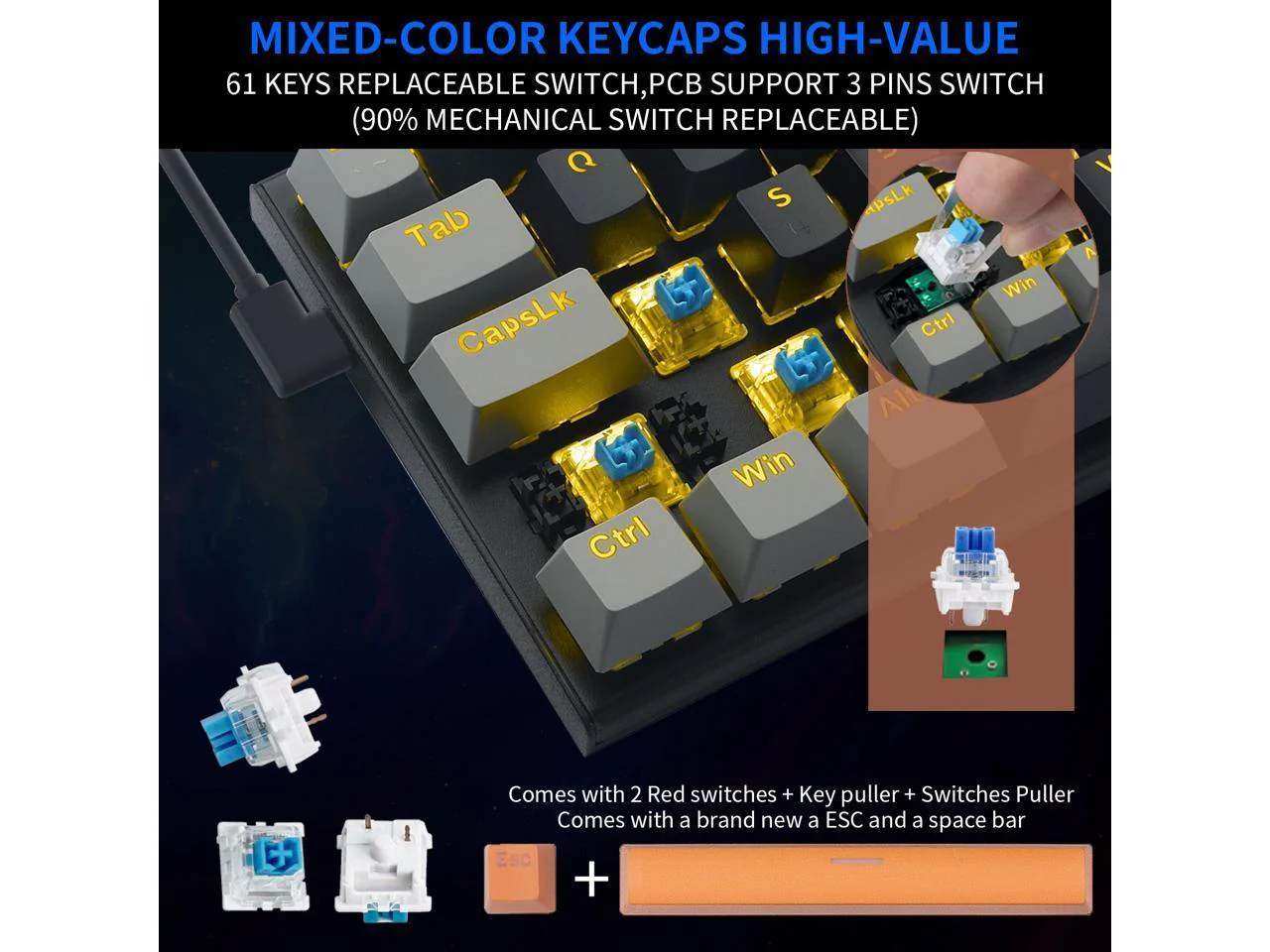 E-Yooso Z-11 Single Light RGB 61 Keys Hot Swappable Mechanical Keyboard Black/Gray (Blue Switch) - Image 3