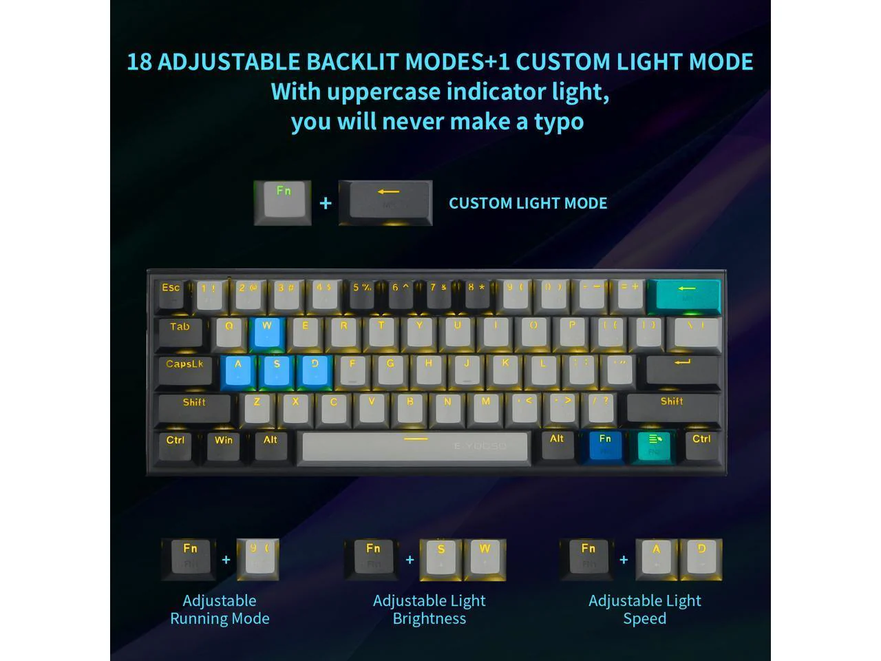 E-YOOSO Z-11 Single Light RGB 61 Keys Hot Swappable Mechanical Keyboard Gray/Black (Red Switch) - Image 4