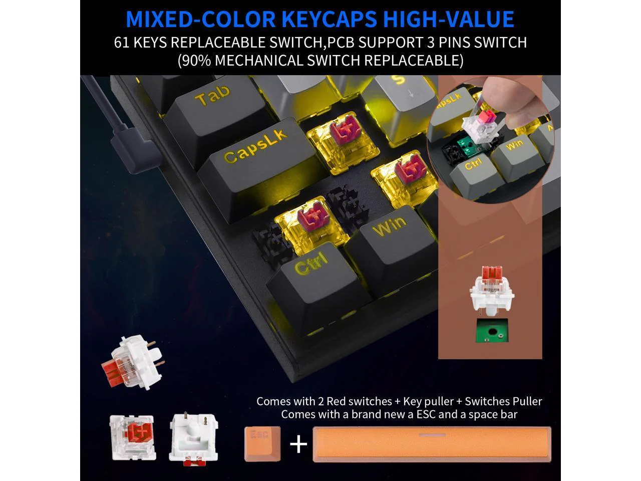 E-YOOSO Z-11 Single Light RGB 61 Keys Hot Swappable Mechanical Keyboard Gray/Black (Red Switch) - Image 7