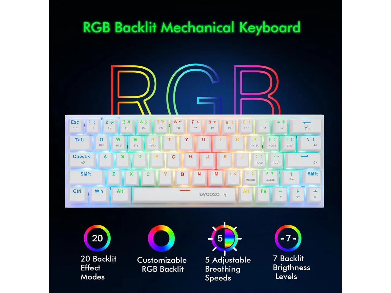 E-Yooso Z-11 Tri-Mode RGB 61 Keys Hot Swappable Mechanical Keyboard White (Red Switch, Blue Switch) - Image 5