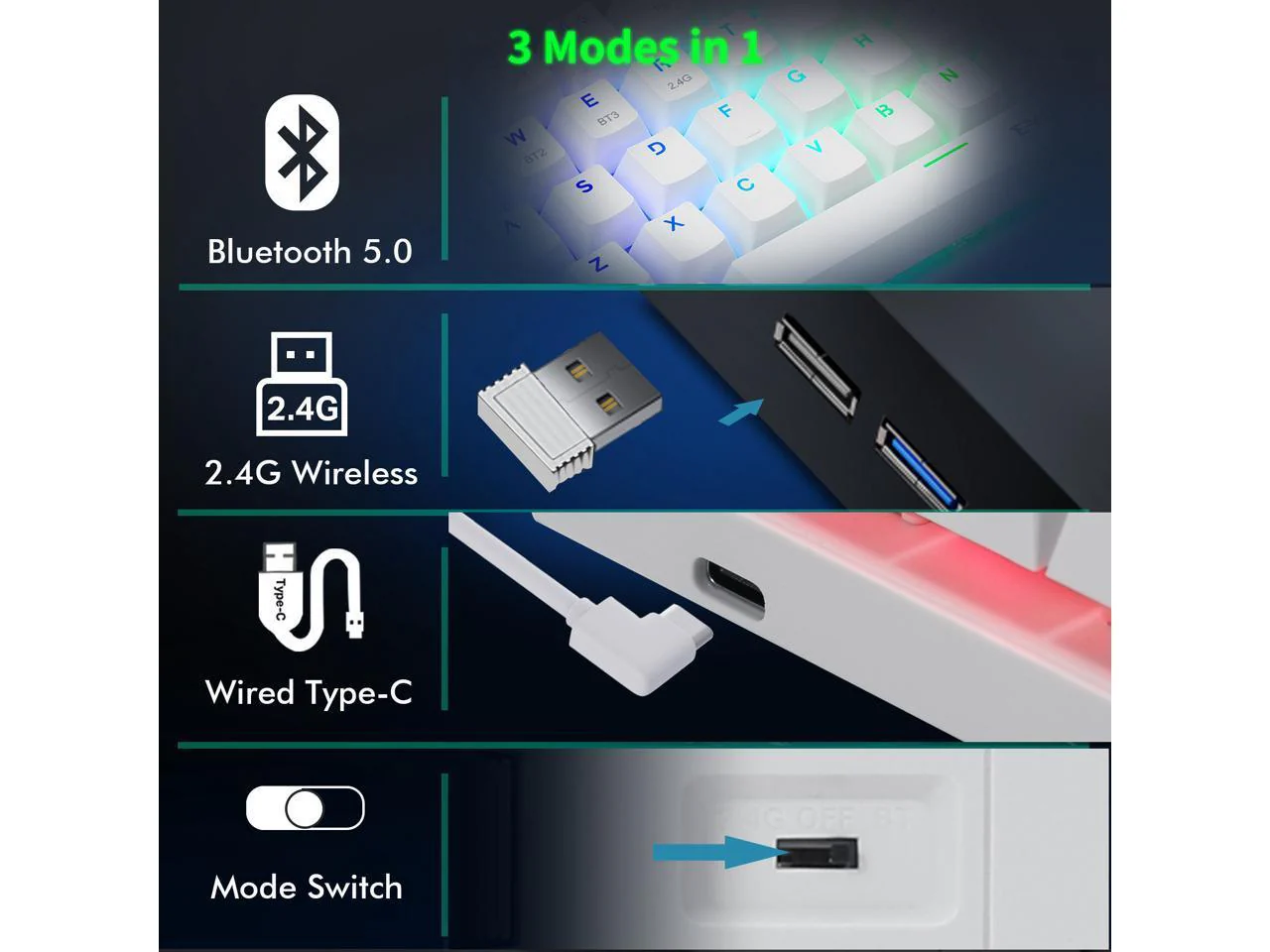 E-Yooso Z-11 Tri-Mode RGB 61 Keys Hot Swappable Mechanical Keyboard White (Red Switch, Blue Switch) - Image 7