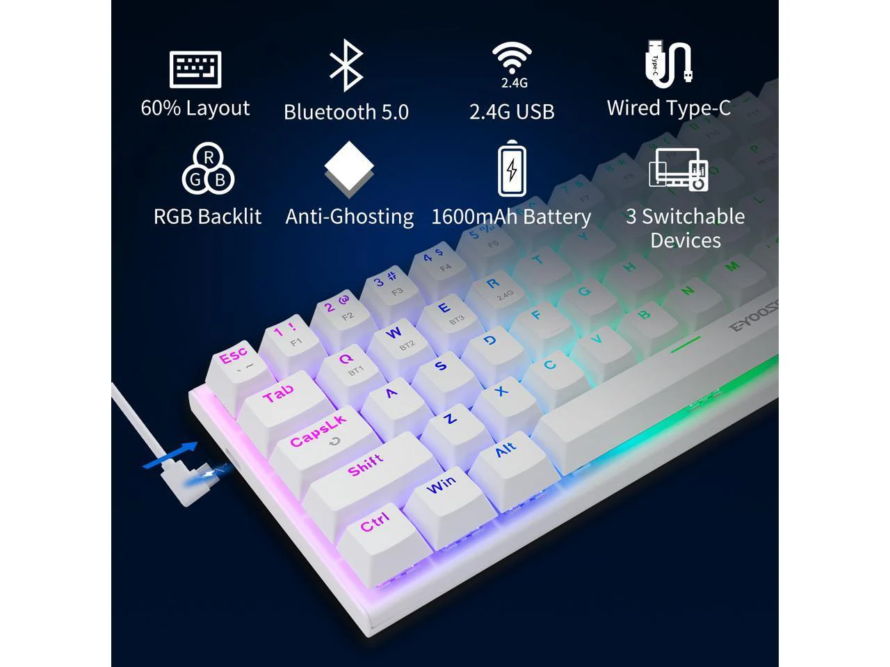 E-Yooso Z-11 Tri-Mode RGB 63 Keys Hot Swappable Mechanical Keyboard White (Brown Switch) - Image 5