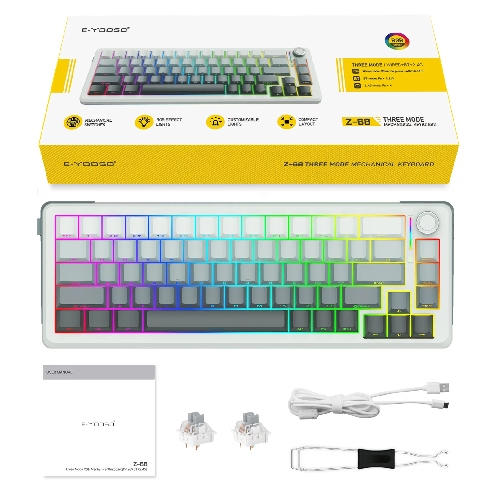 E-Yooso Z-68 Tri-Mode RGB 67 Keys Mechanical Keyboard Gradient Grey (Silverwood Switch) - Image 11