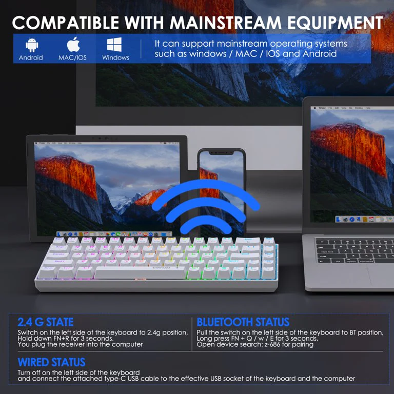 E-Yooso Z-686 Tri-Mode RGB 68 Keys Hot Swappable Mechanical Keyboard White (Brown Switch) - Image 5