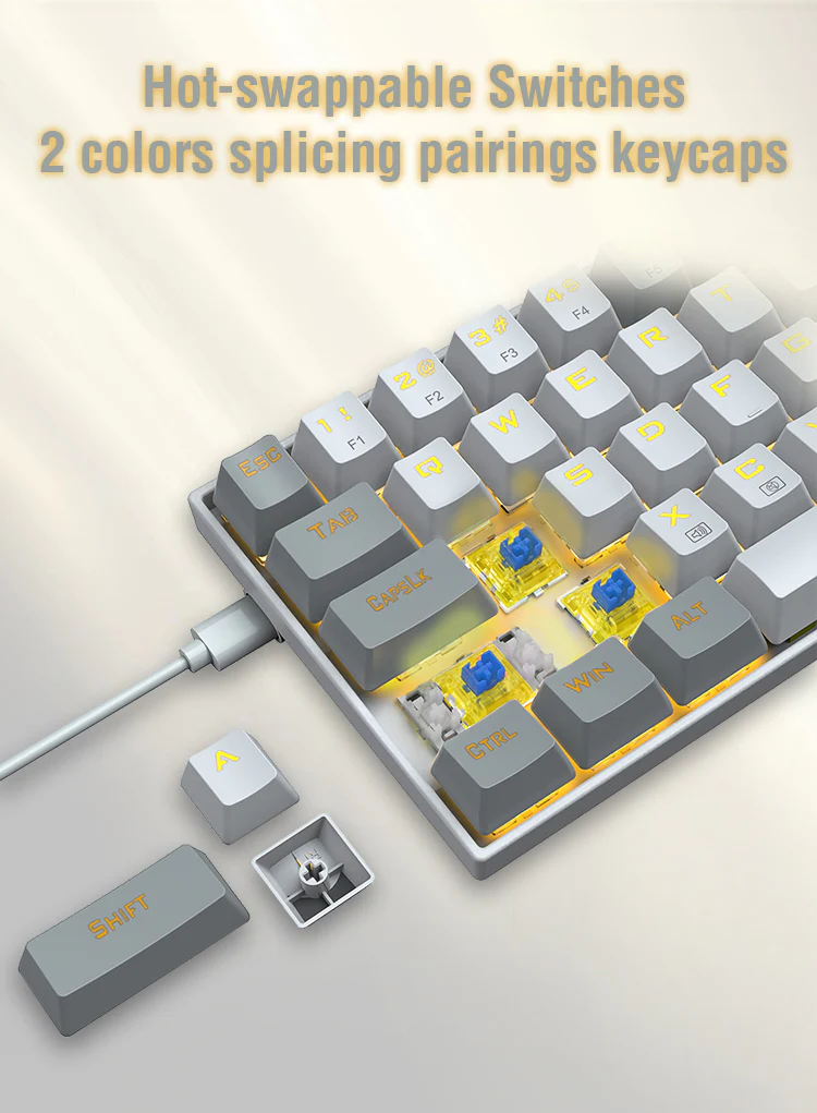 E-Yooso Z-686 Yellow Single Light 68 Keys Hot-Swappable Wired Mechanical Keyboard White/Grey - Image 11