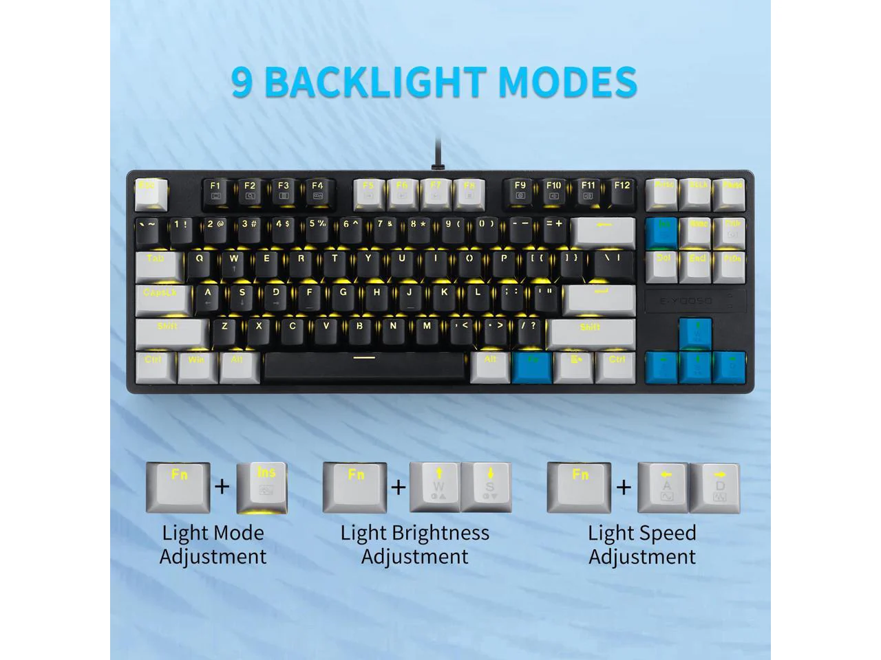 E-Yooso Z-87 Yellow Single Light 87 Keys Wired Mechanical Keyboard Black/Grey (Blue Switch) - Image 4