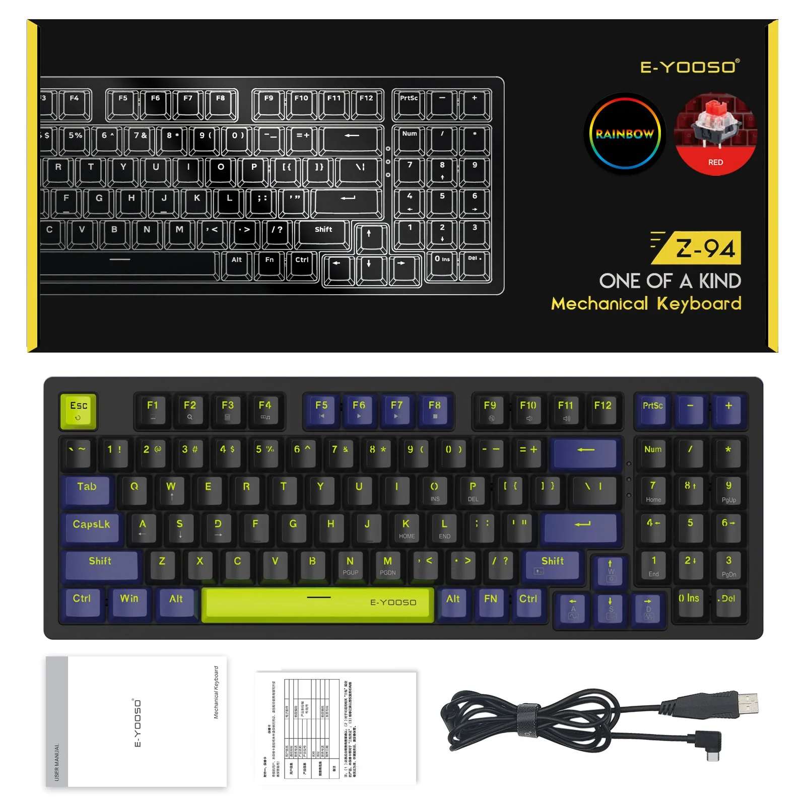 E-Yooso Z-94 Rainbow Light 94-Keys Hot-Swappable Wired Mechanical Keyboard Black/Blue (Red Switch) - Image 10