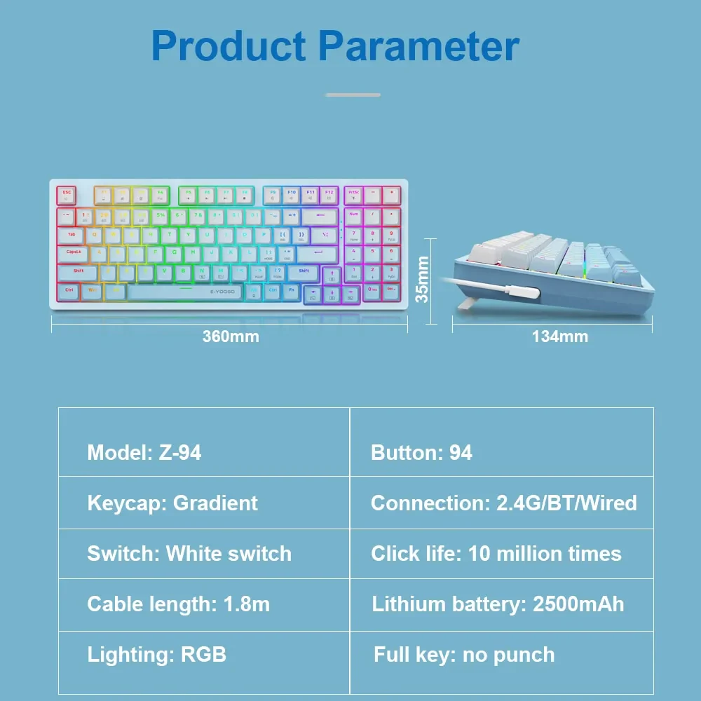 E-Yooso Z-94 Tri-Mode RGB 94-Keys Hot-Swappable Mechanical Keyboard White/Blue (Linear White switch) - Image 13