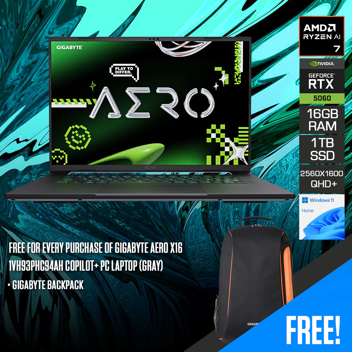 Gigabyte Aero X16 1VH93PHC94AH Copilot+ PC Laptop (Gray) | 16" QHD+ (2560x1600) 165Hz IPS | Ryzen AI 7 350 | 16GB RAM | 1TB SSD | RTX 5060 | Windows 11 Home | Gigabyte Backpack