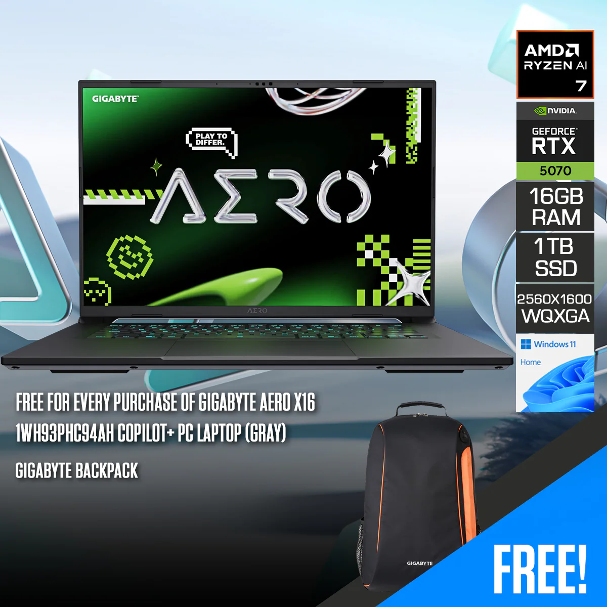 Gigabyte Aero X16 1WH93PHC94AH Copilot+ PC Laptop (Gray) | 16" QHD+ (2560x1600) 165Hz IPS | Ryzen AI 7 350 | 16GB RAM | 1TB SSD | RTX 5070 8GB | Windows 11 Home | Gigabyte Backpack