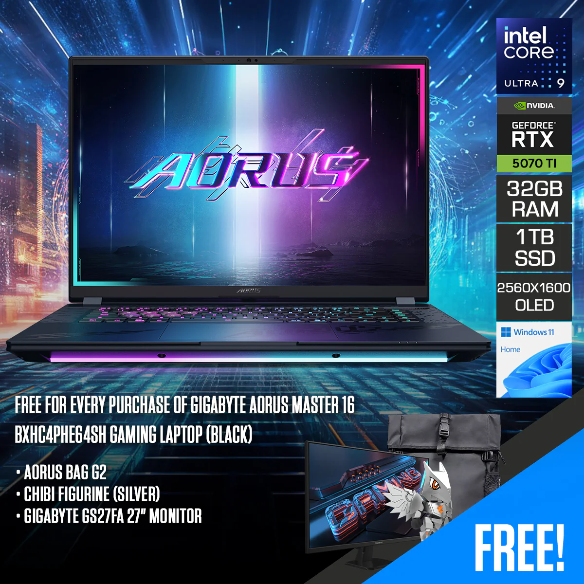 Gigabyte Aorus Master 16 BXHC4PHE64SH Gaming Laptop (Black) | 16" QHD+ (2560x1600) 240Hz OLED | Ultra 9 275HX | 32GB (2x16GB) RAM | 1TB SSD | RTX 5070 Ti 12GB | Windows 11 Home | Aorus Bag G2 + Chibi Figurine (Silver) + Gigabyte GS27FA 27" Monitor