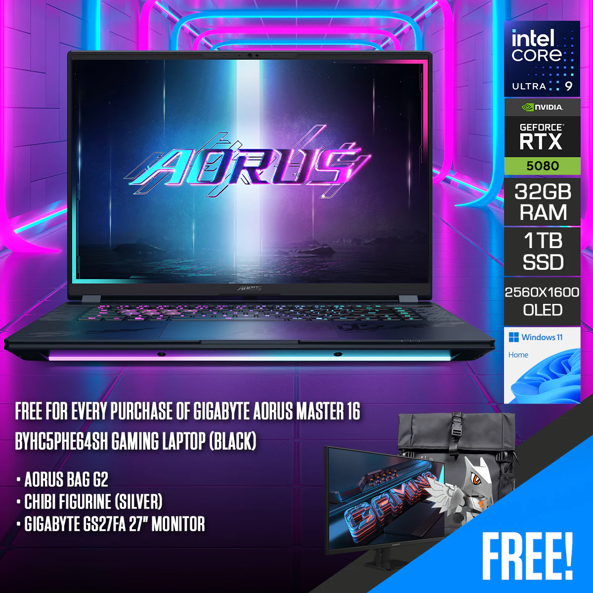 Gigabyte Aorus Master 16 BYHC5PHE64SH Gaming Laptop (Black) | 16" QHD+ (2560x1600) 240Hz OLED | Ultra 9 275HX | 32GB RAM | 1TB SSD | RTX 5080 | Windows 11 Home | Aorus Bag G2 + Chibi Figurine (Silver) + Gigabyte GS27FA 27" Monitor