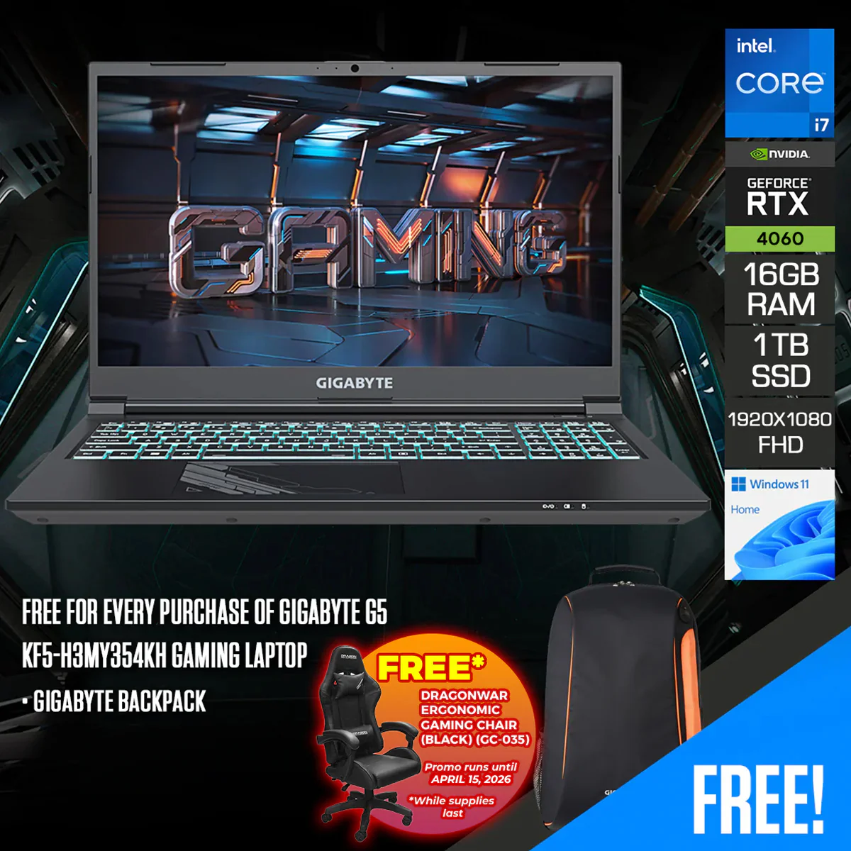 Gigabyte G5 KF5-H3MY354KH Gaming Laptop | 15.6" FHD (1920x 1080) 144Hz | i7-13620H | 16GB RAM | 1TB SSD | RTX 4060 | Windows 11 Home + Gigabyte Backpack