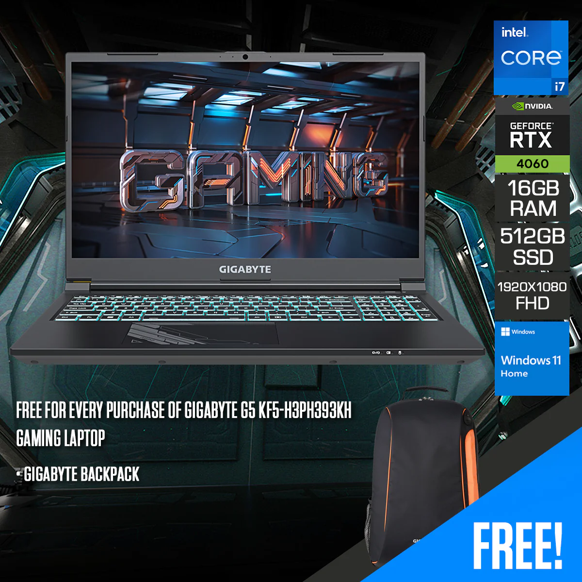 Gigabyte G5 KF5-H3PH393KH Gaming Laptop | 15.6" FHD (1920x1080) 144Hz | i7-13620H | 16GB RAM | 512GB SSD | RTX 4060 | Windows 11 Home | Gigabyte Backpack - Image 2