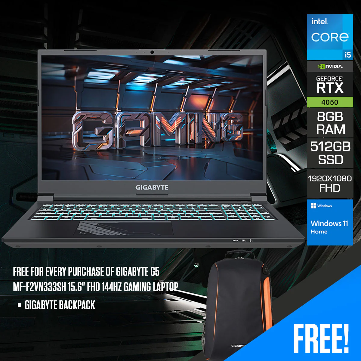 Gigabyte G5 MF-F2VN333SH Gaming Laptop | 15.6” FHD 144Hz | i5-12450H | 8GB RAM | 512GB SSD | RTX 4050 | Windows 11 Home | Gigabyte Backpack