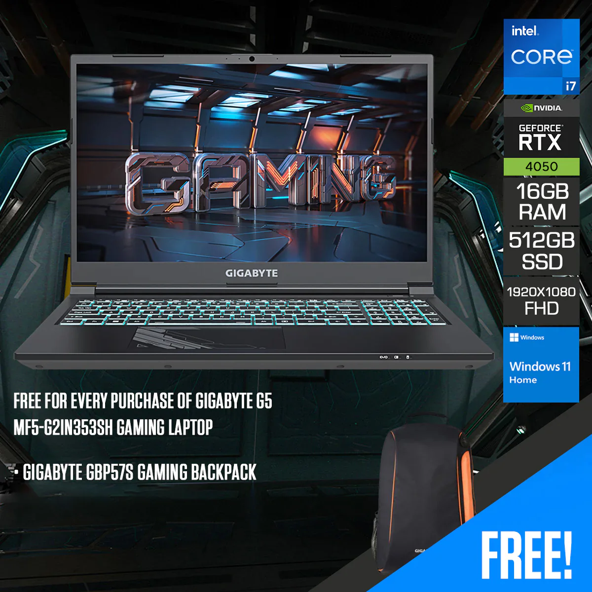 Gigabyte G5 MF5-G2IN353SH Gaming Laptop | 15.6" FHD | i7-12650H | 16GB RAM | 512GB SSD | RTX 4050 | Windows 11 Home | Gigabyte GBP57S Gaming Backpack - Image 2