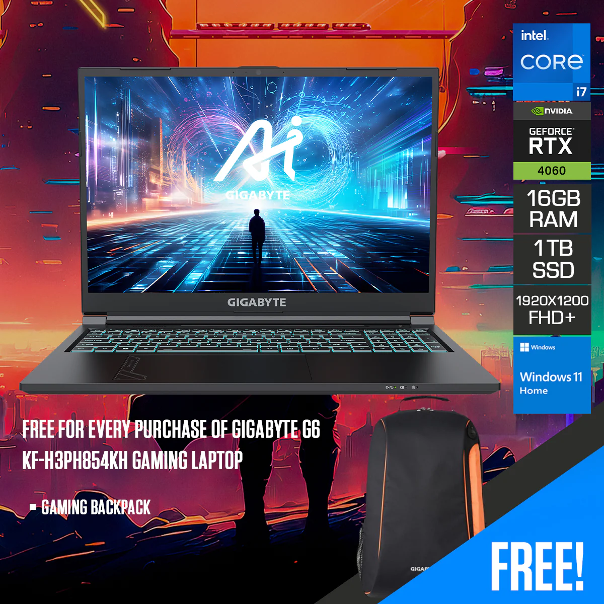 Gigabyte G6 KF-H3PH854KH Gaming Laptop | 16" FHD+ (1920X1200) 165Hz | i7-13620H | 16GB RAM | 1TB SSD | RTX 4060 | Windows 11 Home + Gaming Backpack