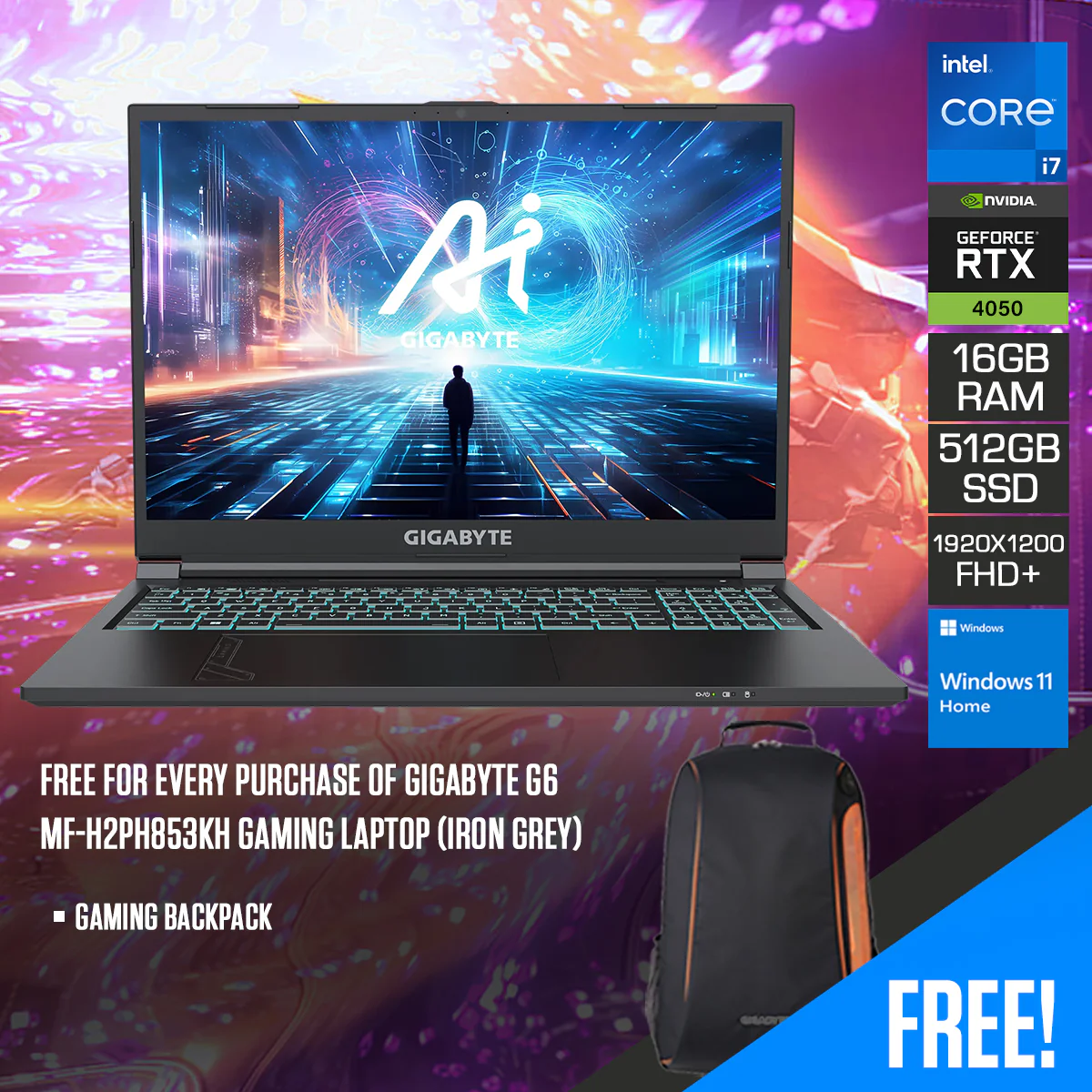 Gigabyte G6 MF-H2PH853KH Gaming Laptop (Iron Grey) | 15.6" FHD+ (1920x1200) 165Hz | i7-13620H | 16GB RAM | 512GB SSD | RTX 4050 | Windows 11 Home | Gaming Backpack
