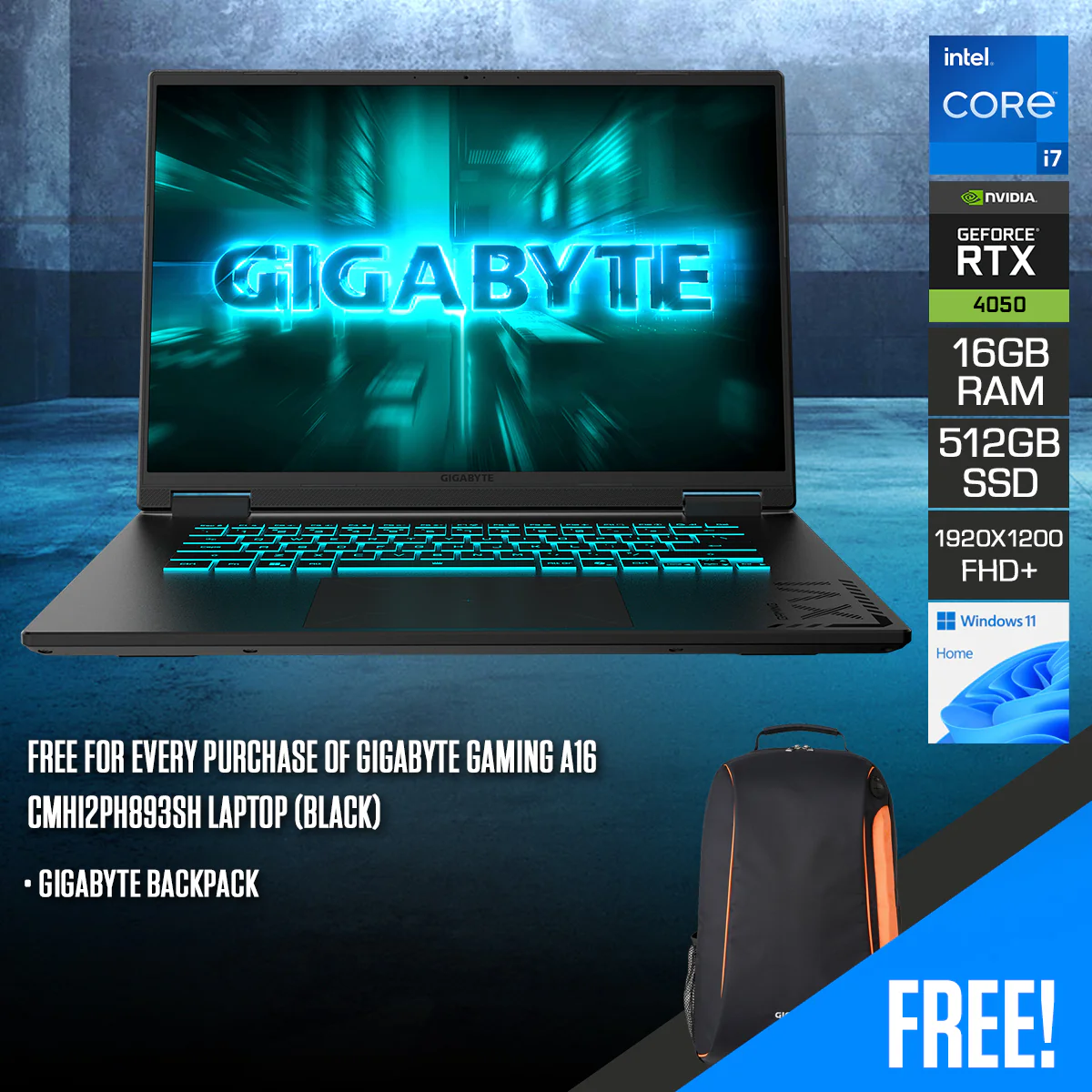 Gigabyte Gaming A16 CMHI2PH893SH Laptop (Black) | 16" FHD (1920x1200) 165Hz | Core i7-13620H | 16GB RAM | 512GB SSD | RTX 4050 | Windows 11 Home | Gigabyte Backpack