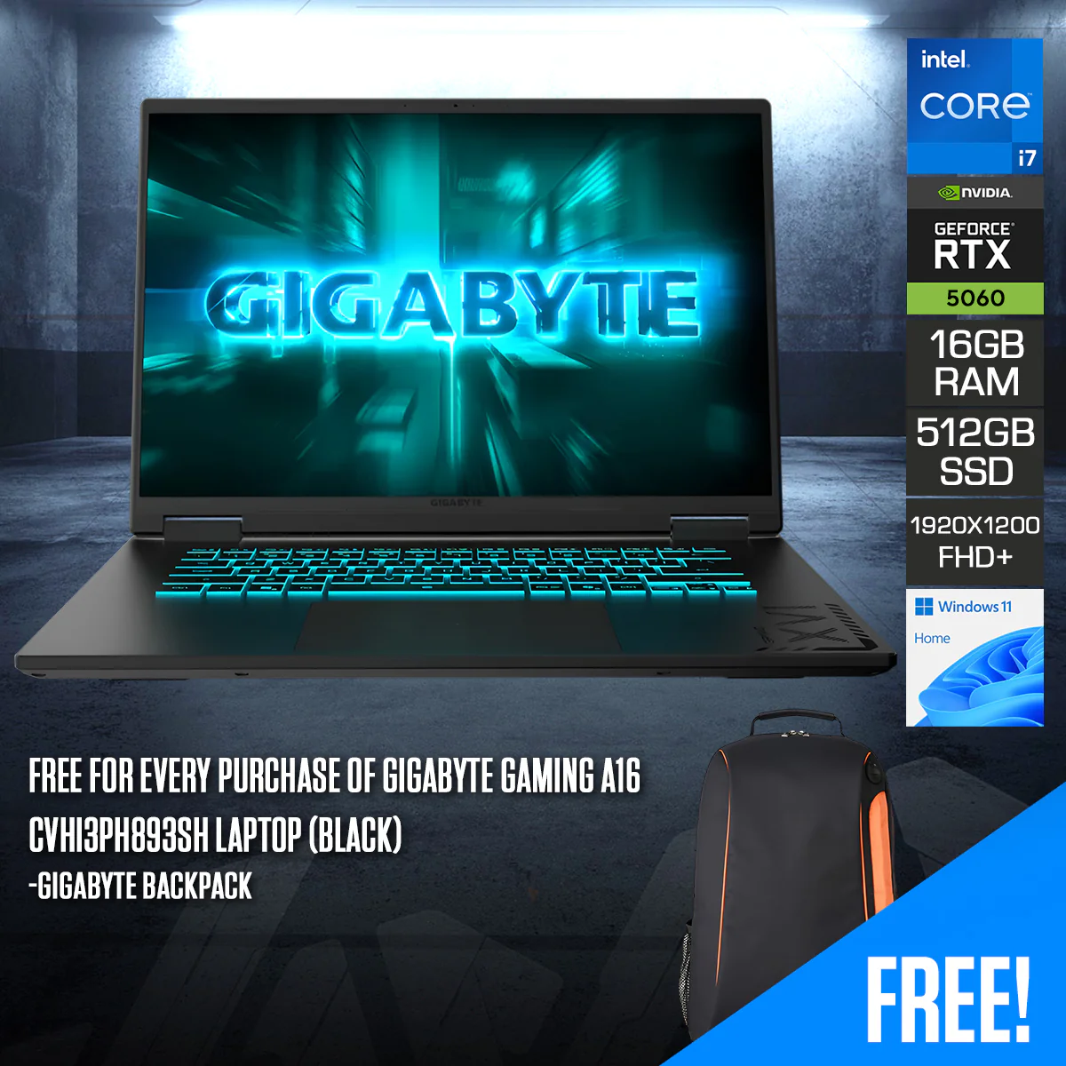 Gigabyte Gaming A16 CVHI3PH893SH Laptop (Black) | 16" FHD+ (1920x1200) 165Hz | Core i7-13620H | 16GB RAM | 512GB SSD | RTX 5060 | Windows 11 Home | Gigabyte Backpack
