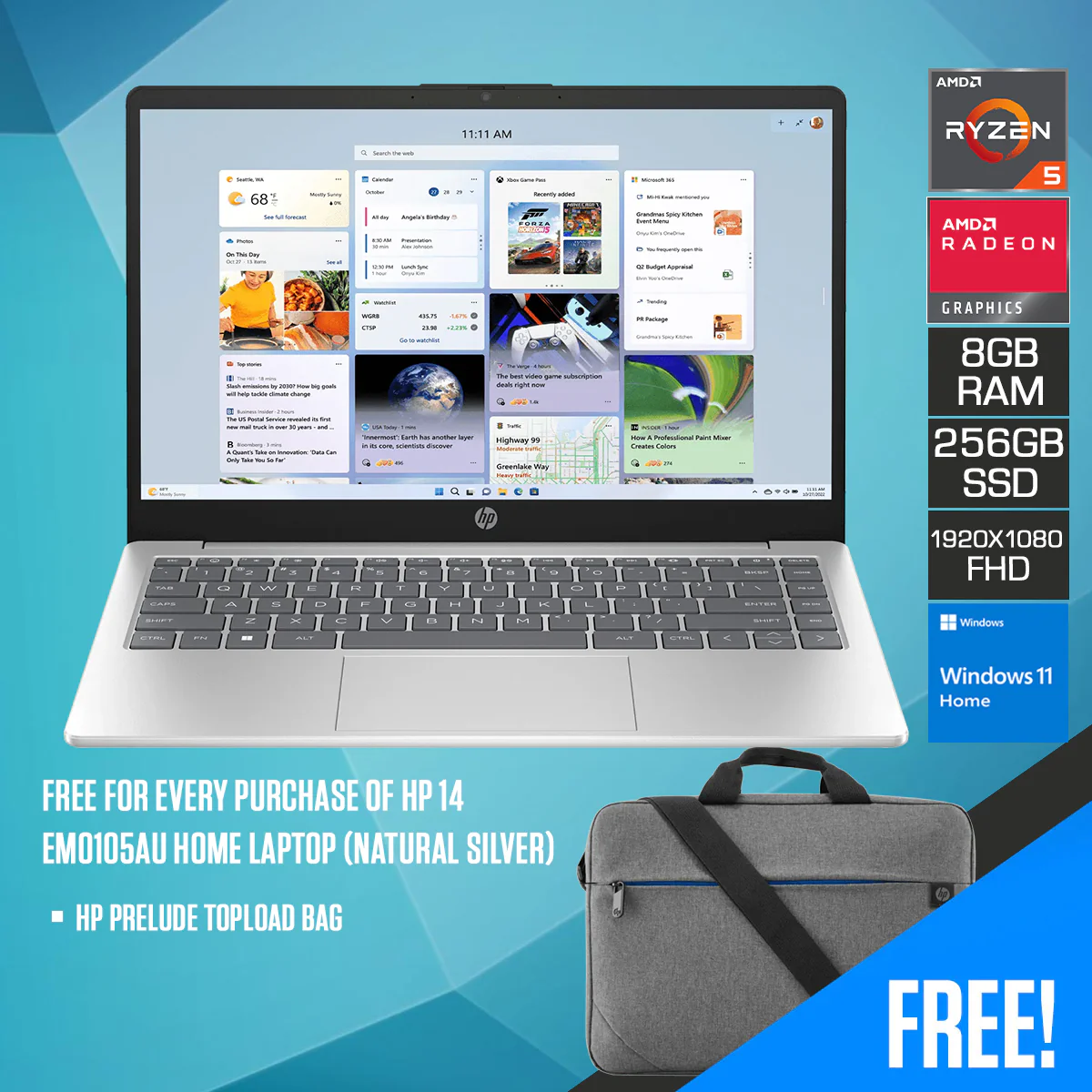 HP 14-EM0105AU Laptop (Natural Silver) | 14” FHD (1920x1080) | Ryzen 5 7520U | 8GB RAM | 256GB SSD | AMD Radeon Graphics | Windows 11 Home | HP Prelude Topload Bag