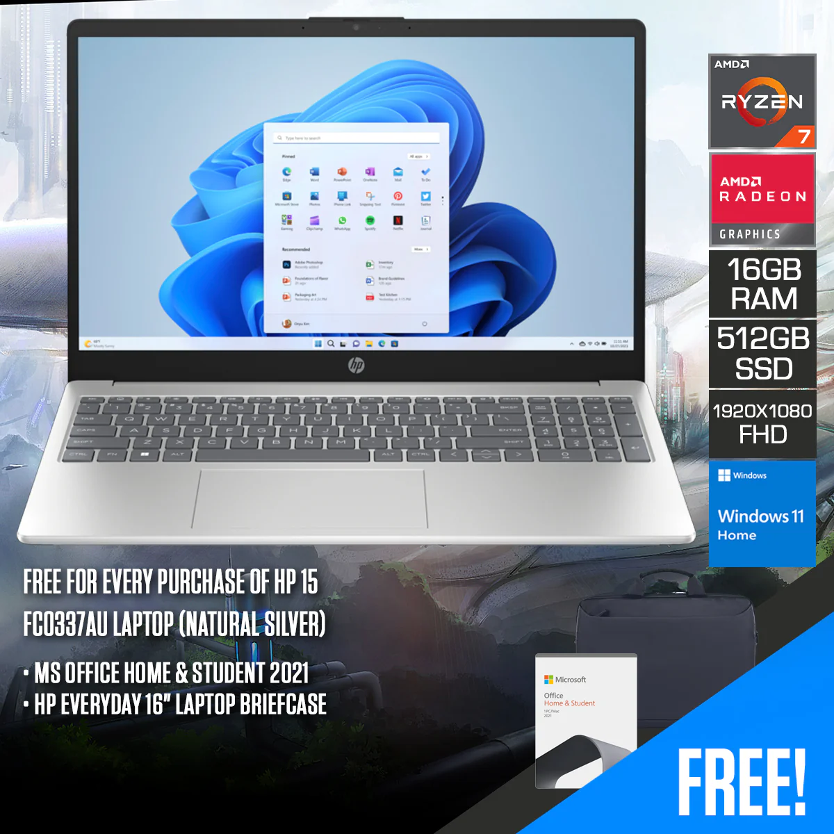 HP 15-FC0337AU Laptop (Natural Silver) | 15.6" FHD (1920x1080) | Ryzen 7-7730U | 16GB RAM | 512GB SSD | AMD Radeon Graphics | Windows 11 Home | MS Office Home & Student 2021 + HP Everyday 16" Laptop Briefcase