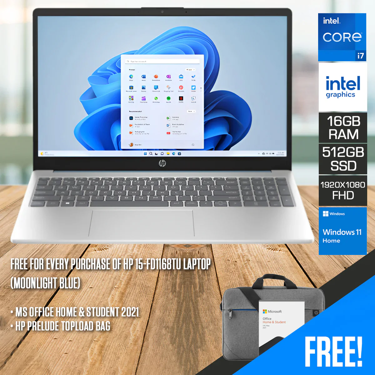 HP 15-FD1168TU Laptop (Moonlight Blue) | 15.6" FHD (1920x1080) IPS | Core 7 150U | 16GB RAM | 512GB SSD | Intel Integrated Graphics | Windows 11 Home | MS Office Home & Student 2021 | HP Prelude Topload Bag
