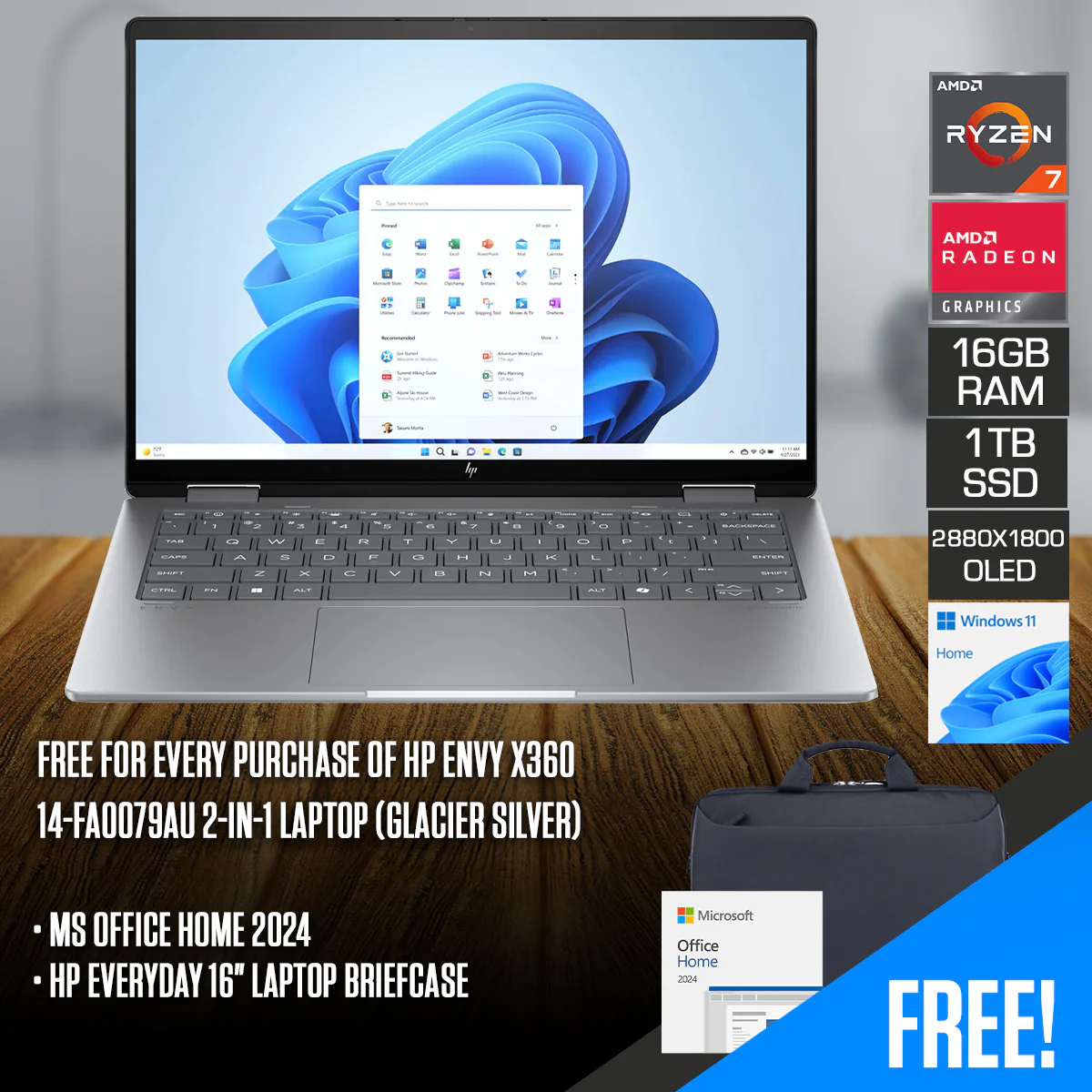 HP Envy x360 14-fa0079AU 2-in-1 Laptop (Glacier Silver) | 14" 2.8K (2880x1800) OLED 120Hz Touch | Ryzen 7 8840HS | 16GB RAM | 1TB SSD | AMD Radeon Graphics | Windows 11 Home | MS Office Home 2024 + HP Everyday 16" Laptop Briefcase
