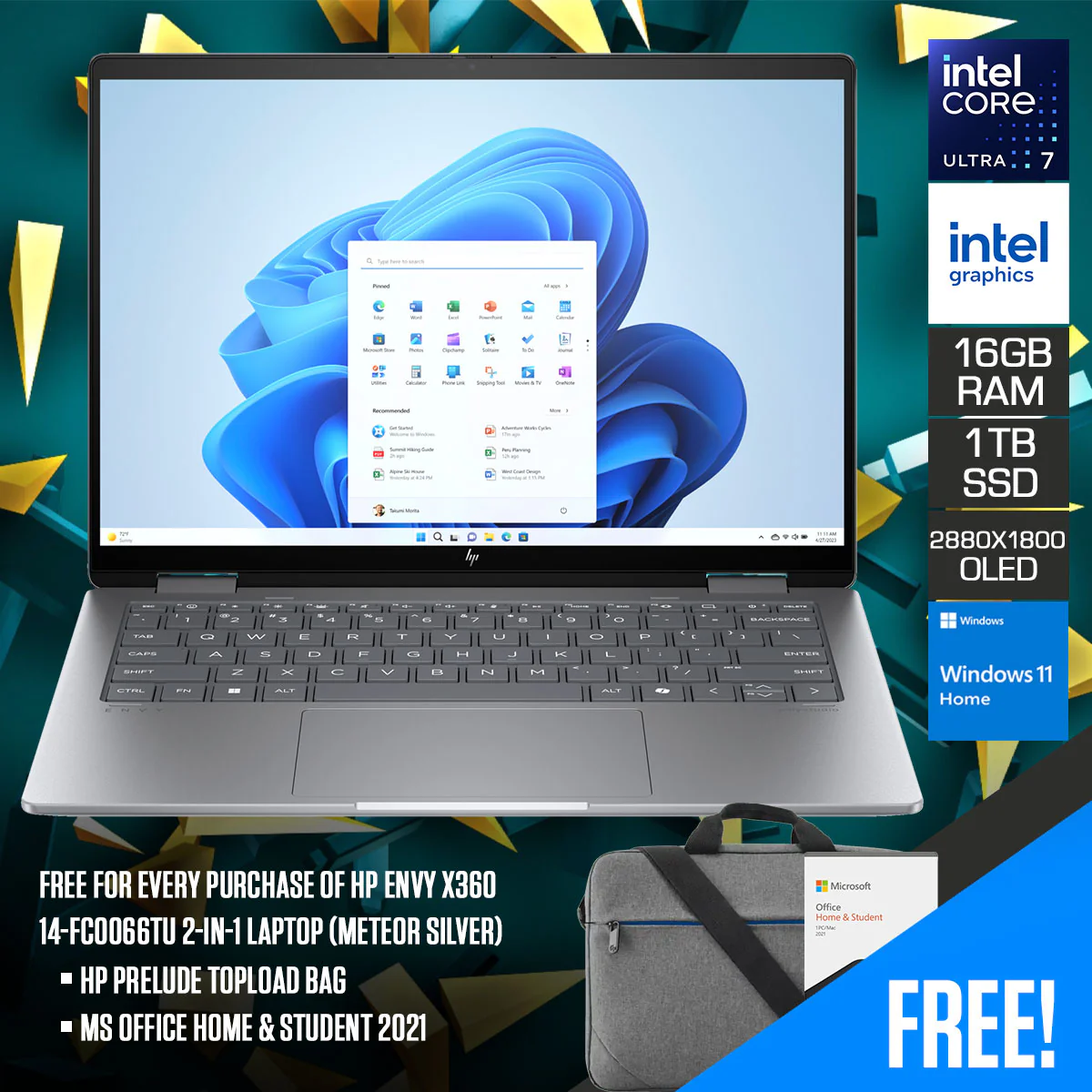 HP Envy X360 14-FC0066TU 2-in-1 Laptop (Meteor Silver) | 14.0" UWVA OLED (2880x1800) | Ultra 7-155U | 16GB RAM | 1TB SSD | Intel Integrated Graphics | Windows 11 Home | MS Office Home & Student 2021 | HP Prelude Topload Bag