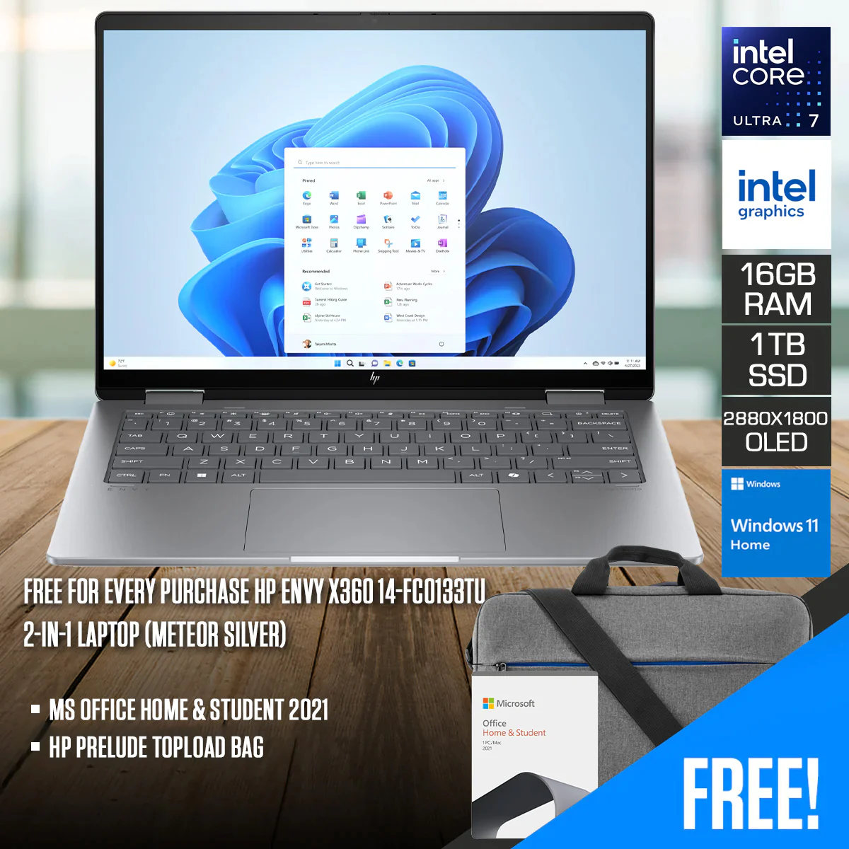 HP Envy x360 14-FC0133TU 2-in-1 Laptop (Meteor Silver) | 14" 2.8K (2880x1800) OLED | Core Ultra 7 155U | 16GB RAM | 1TB SSD | Intel Integrated Graphics | Windows 11 Home | MS Office Home & Student 2021 + HP Prelude Topload Bag