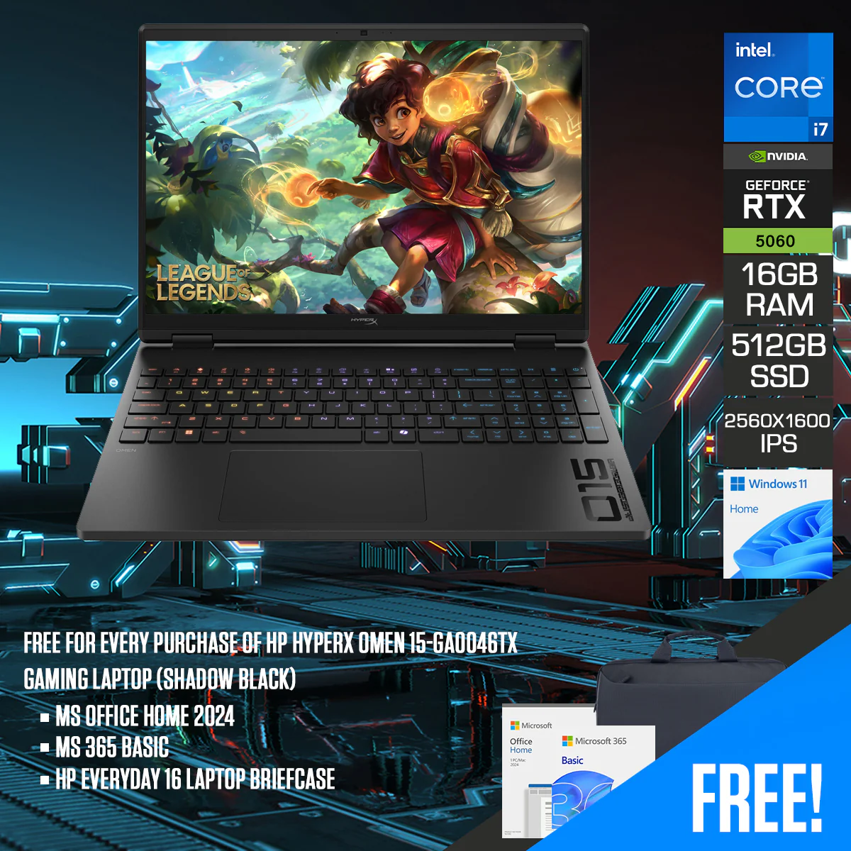 HP HyperX Omen 15-GA0046TX Gaming Laptop (Shadow Black) | 15" 2.5K (2560x1600) IPS 180Hz | i7-14650HX | 16GB RAM | 512GB SSD | RTX 5060 | Windows 11 Home | MS Office Home 2024 + M365 Basic + HP Everyday 16 Laptop Briefcase