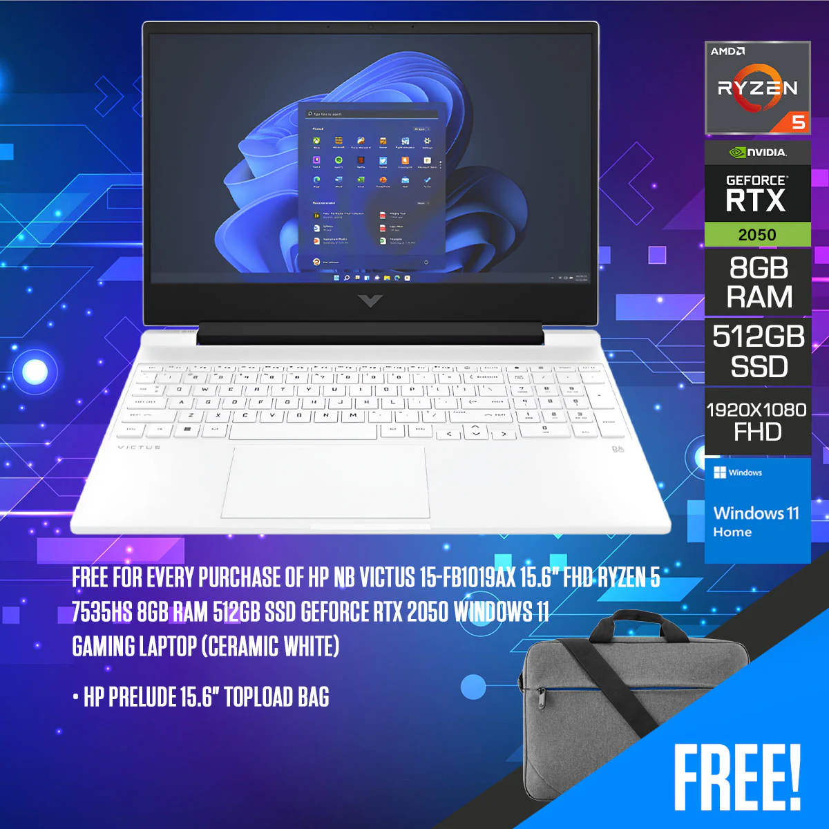 HP NB Victus 15-FB1019AX Gaming Laptop (Ceramic White) | 15.6" FHD | Ryzen 5 7535HS | 8GB RAM | 512GB SSD | RTX 2050 | Windows 11 Home | HP Prelude 15.6" Topload Bag