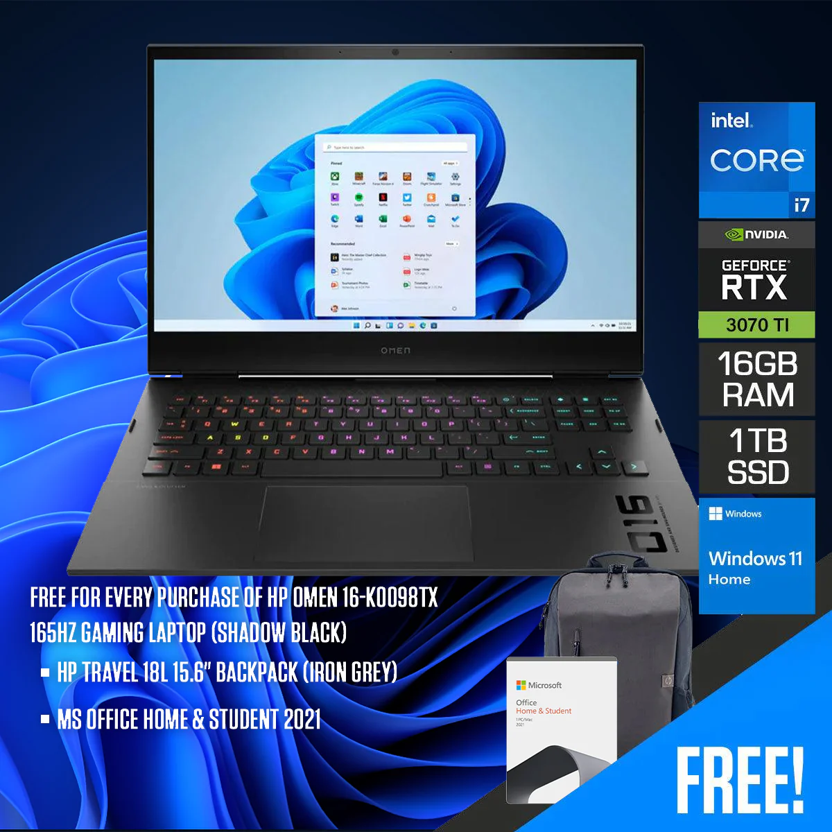 HP OMEN 16-K0098TX 165HZ Gaming Laptop (Shadow Black) | 16.1" QHD IPS | i7-12700H | 16GB DDR5 | 1TB SSD | RTX 3070Ti | Windows 11 Home + MS Office Home & Student 2021 + HP Travel 18L 15.6" Backpack (Iron Grey)