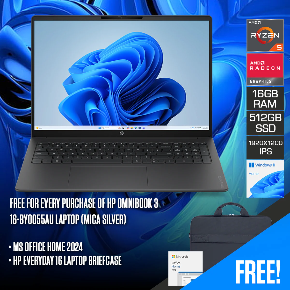 HP OmniBook 3 16-by0055AU Laptop (Mica Silver) | 16" 2K (1920x1200) IPS | Ryzen 5 40 | 16GB RAM | 512GB SSD | AMD Radeon 610M Graphics | Windows 11 Home | MS Office Home 2024 + HP Everyday 16 Laptop Briefcase